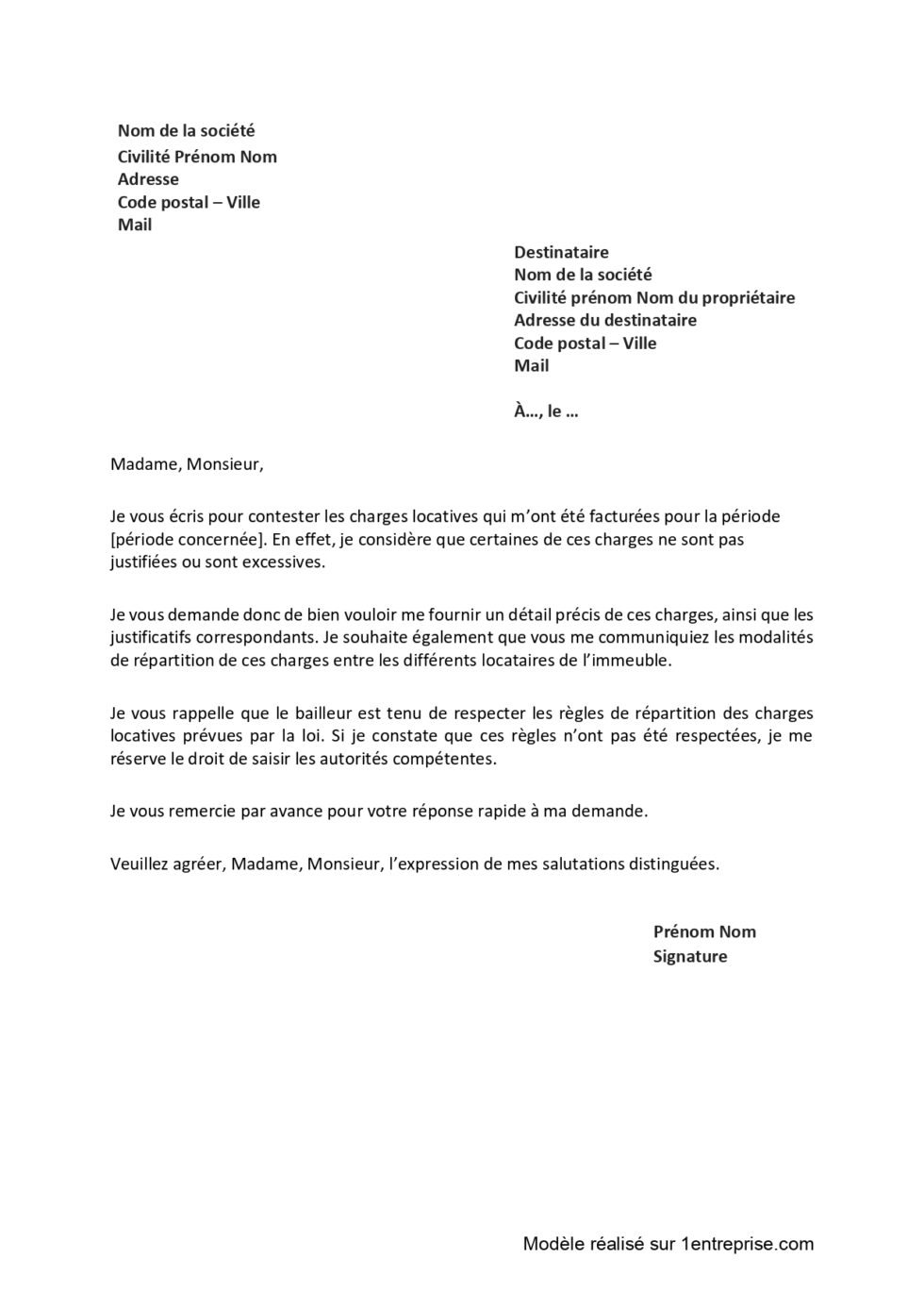 Lettre De Contestation De Charges Locatives Word Gratuit