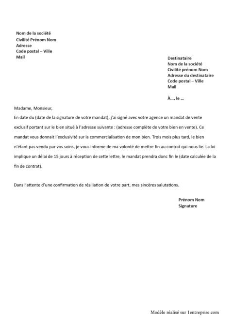 Lettre de résiliation du mandat de vente exclusif Gratuit