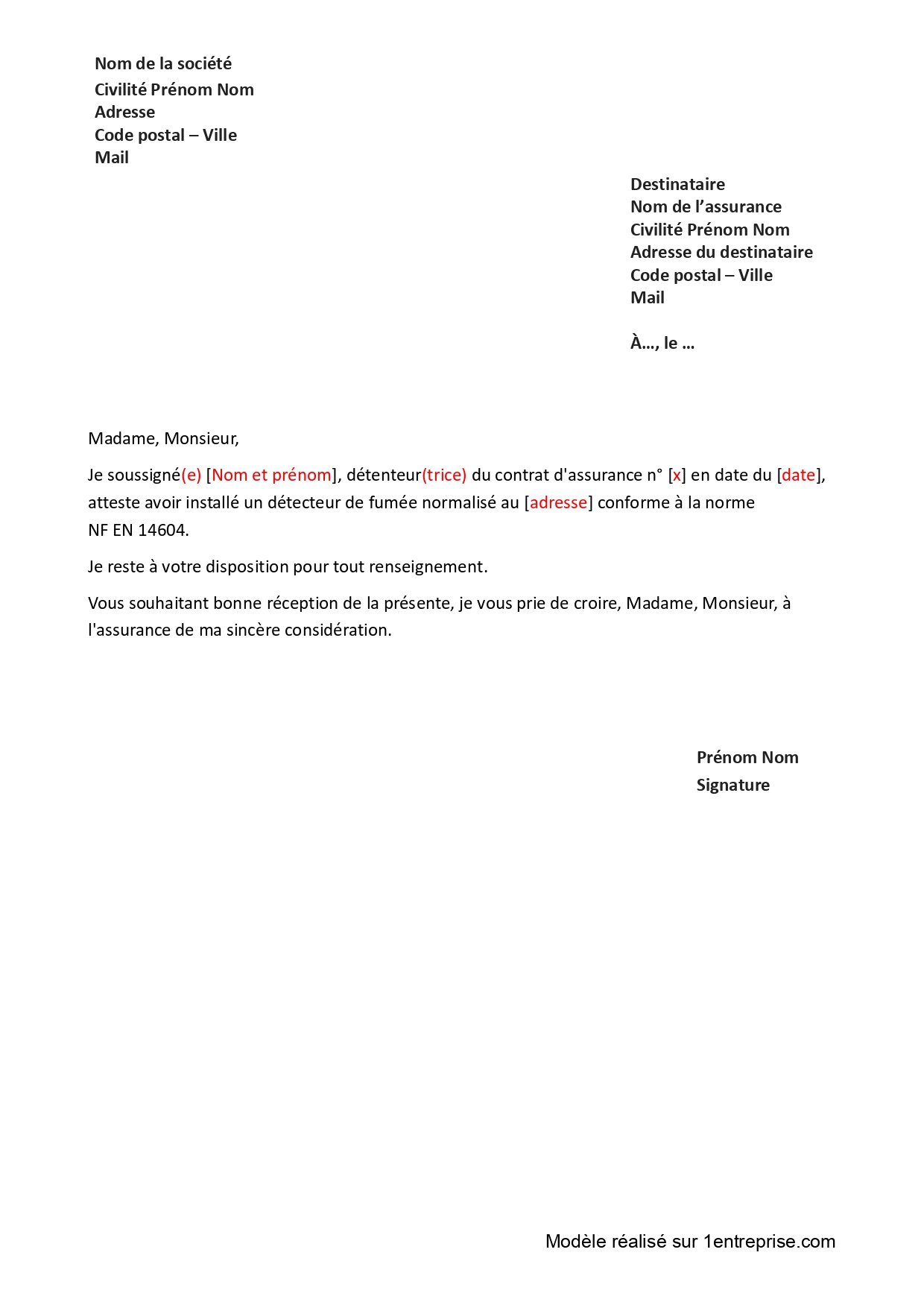 Attestation d’installation d’un détecteur de fumée (Assurance)