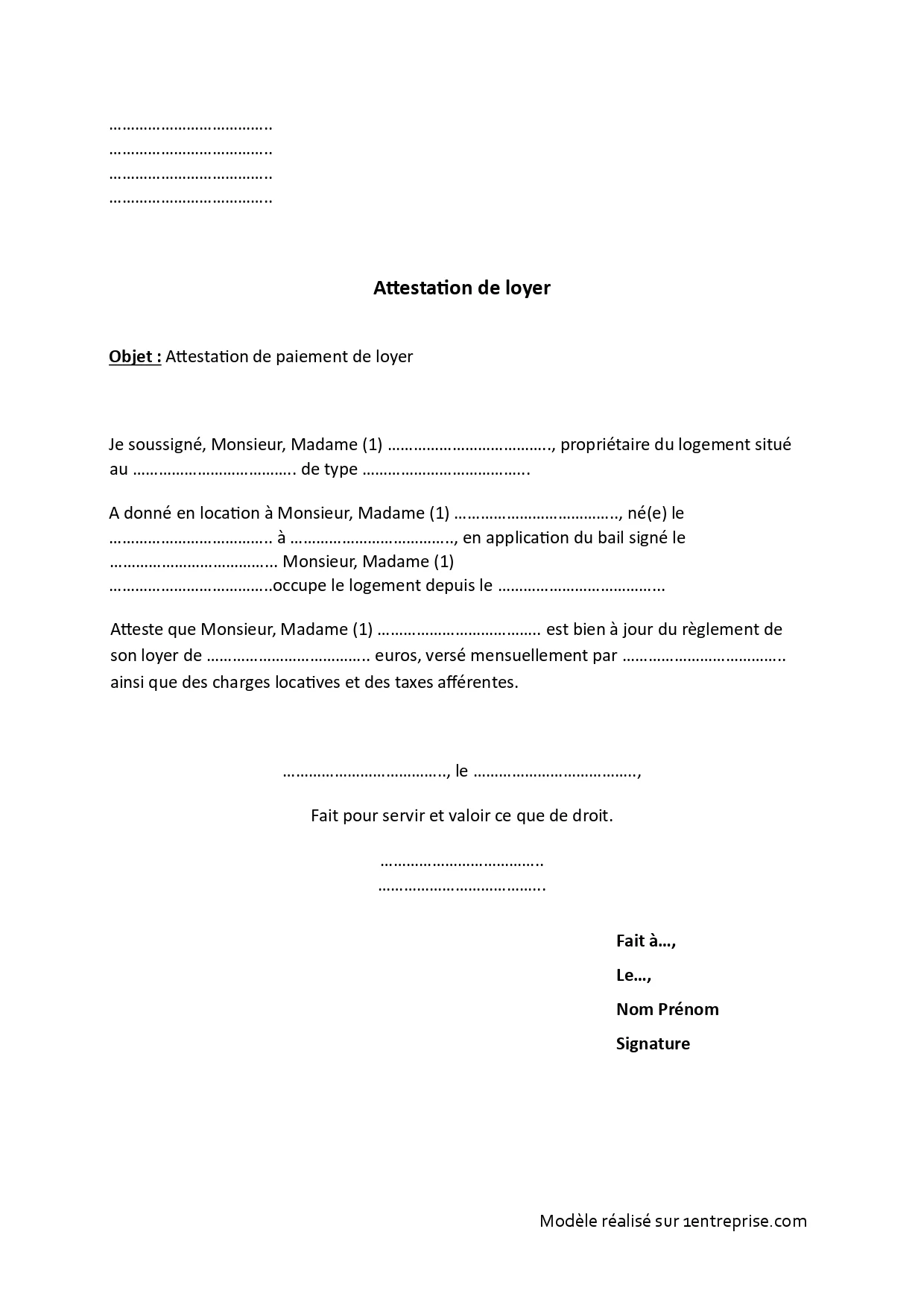 Attestation de paiement de loyer