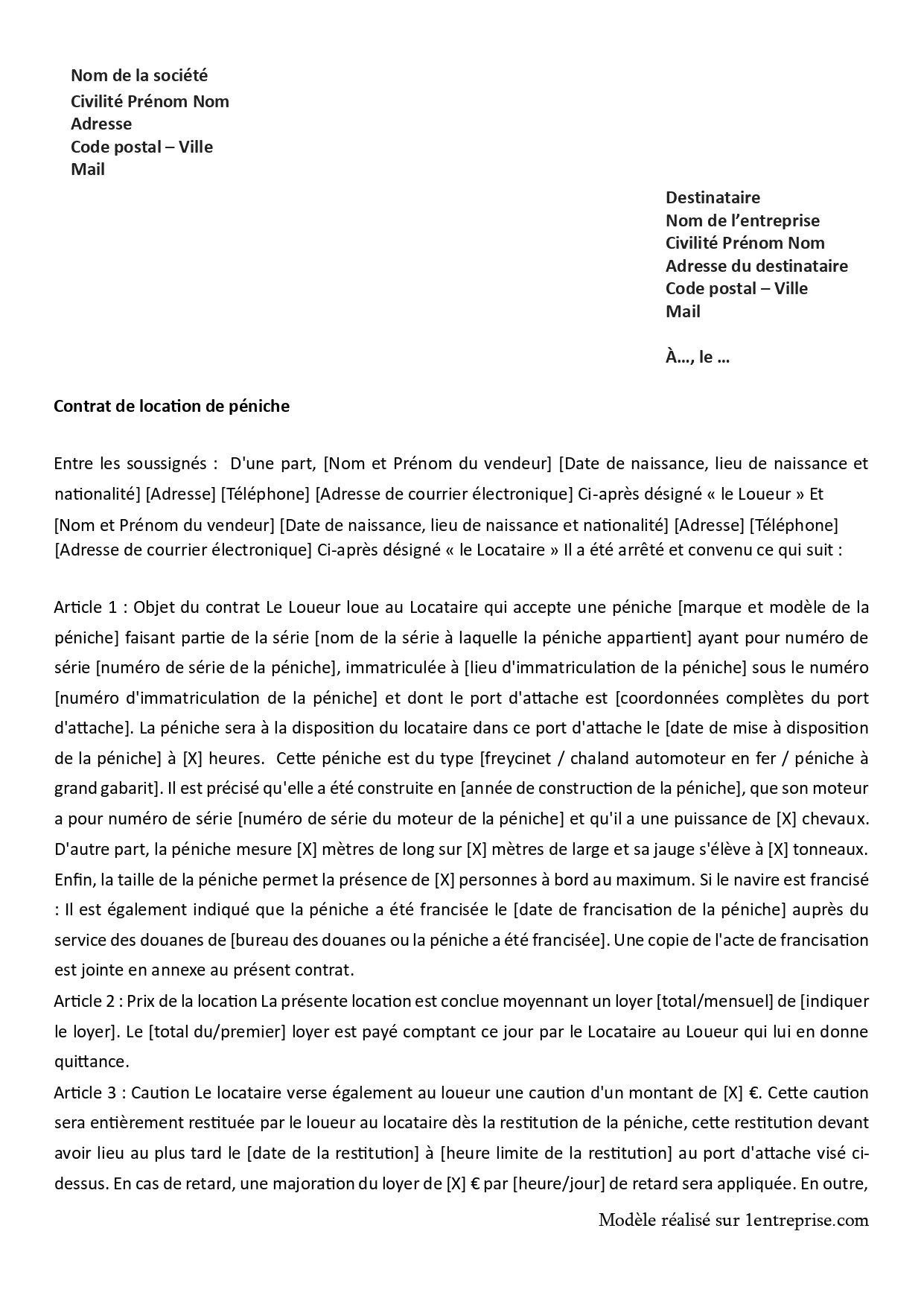 Contrat de location de péniche