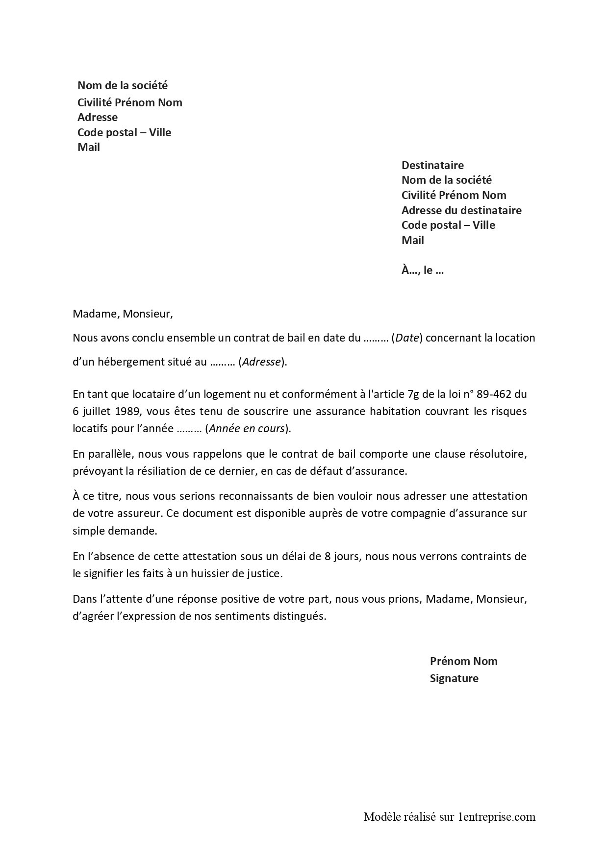 Demande d’attestation d’assurance au locataire : lettre type