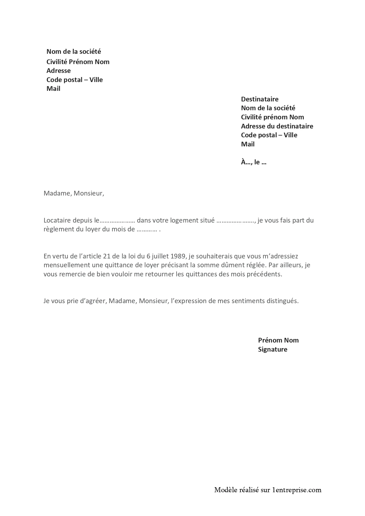 Demande de quittance de loyer