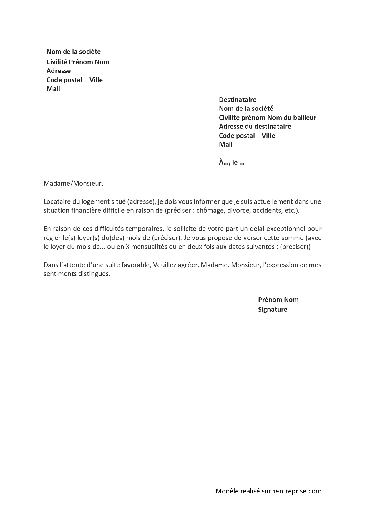 Demande d’échelonnement ou de délais de paiement du loyer