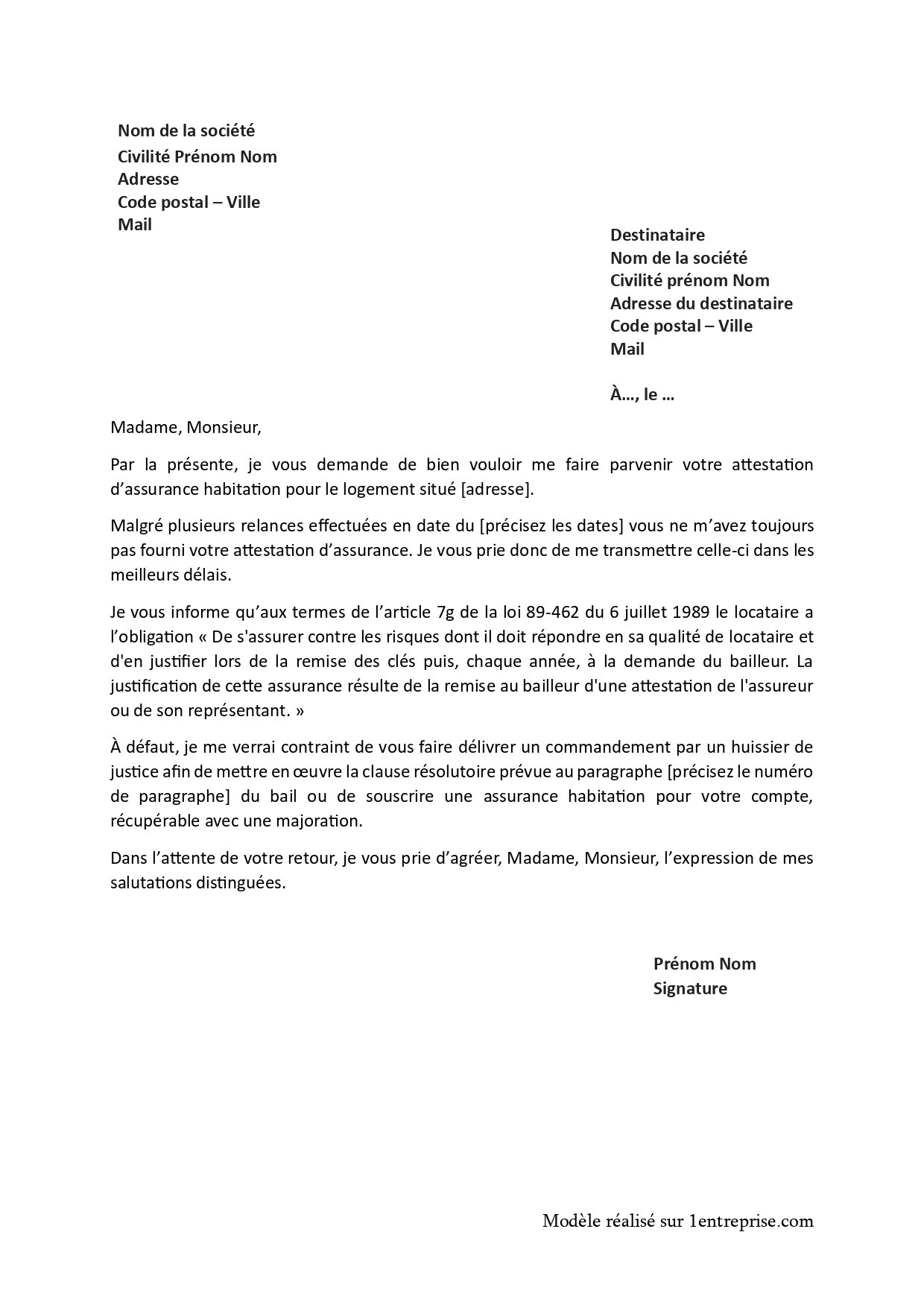 Exemple de mise en demeure de remise d’attestation d’assurance