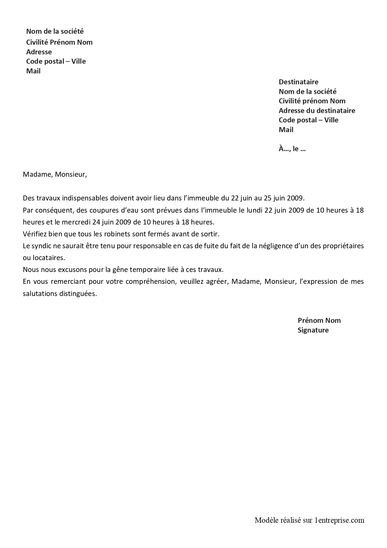 Informer de coupures d’eau prévues dans l’immeuble