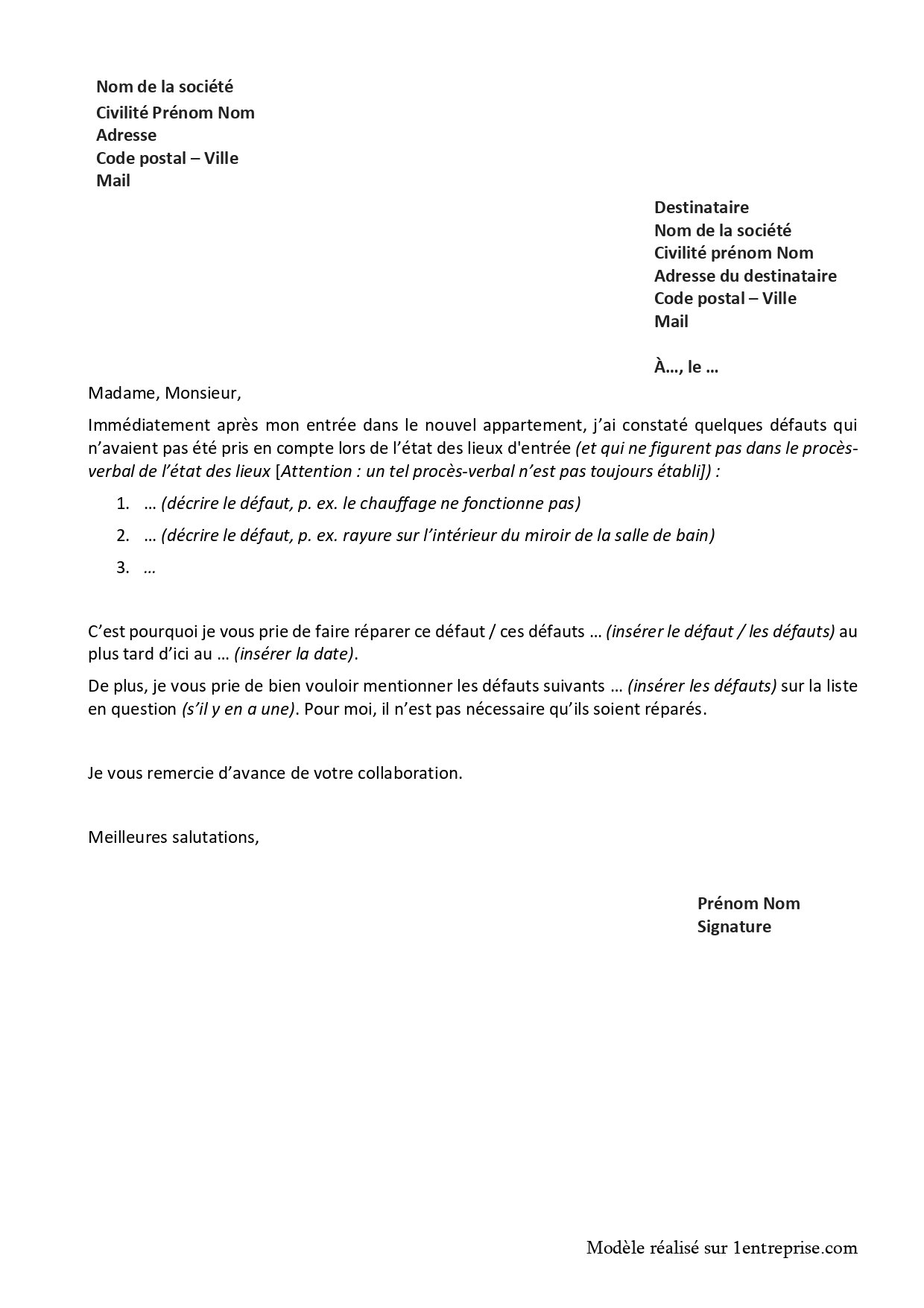 Lettre à adresser au bailleur en cas de défaut de la chose louée