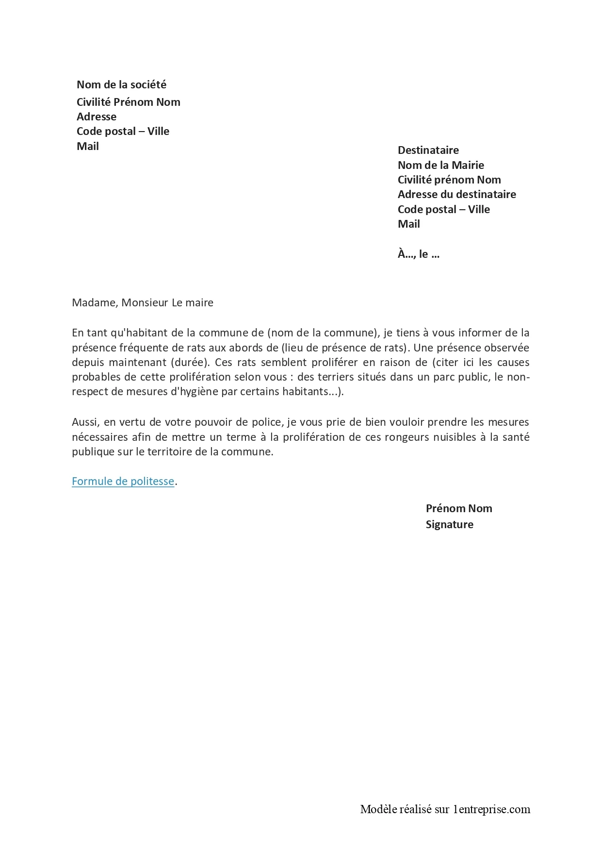 Lettre à la mairie pour signaler des rats