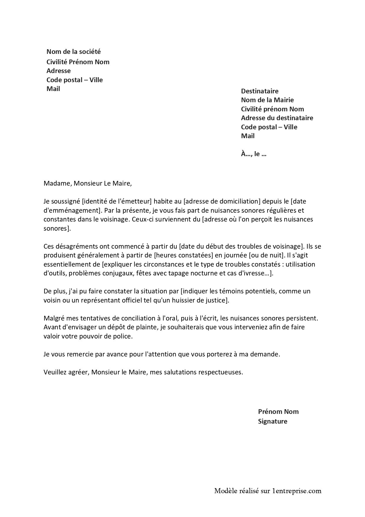 Lettre à la mairie pour tapage nocturne d’un voisin