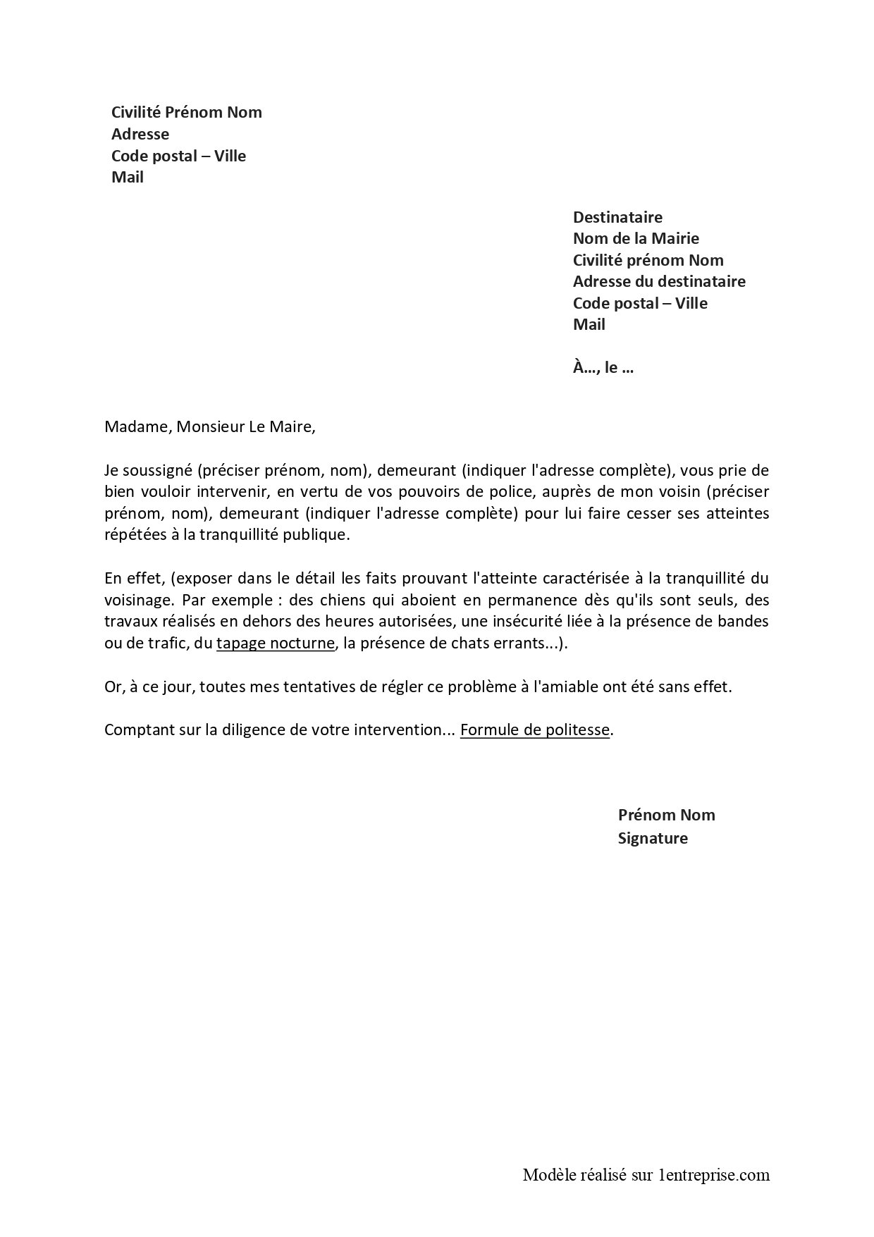 Lettre au maire pour problème de voisinage