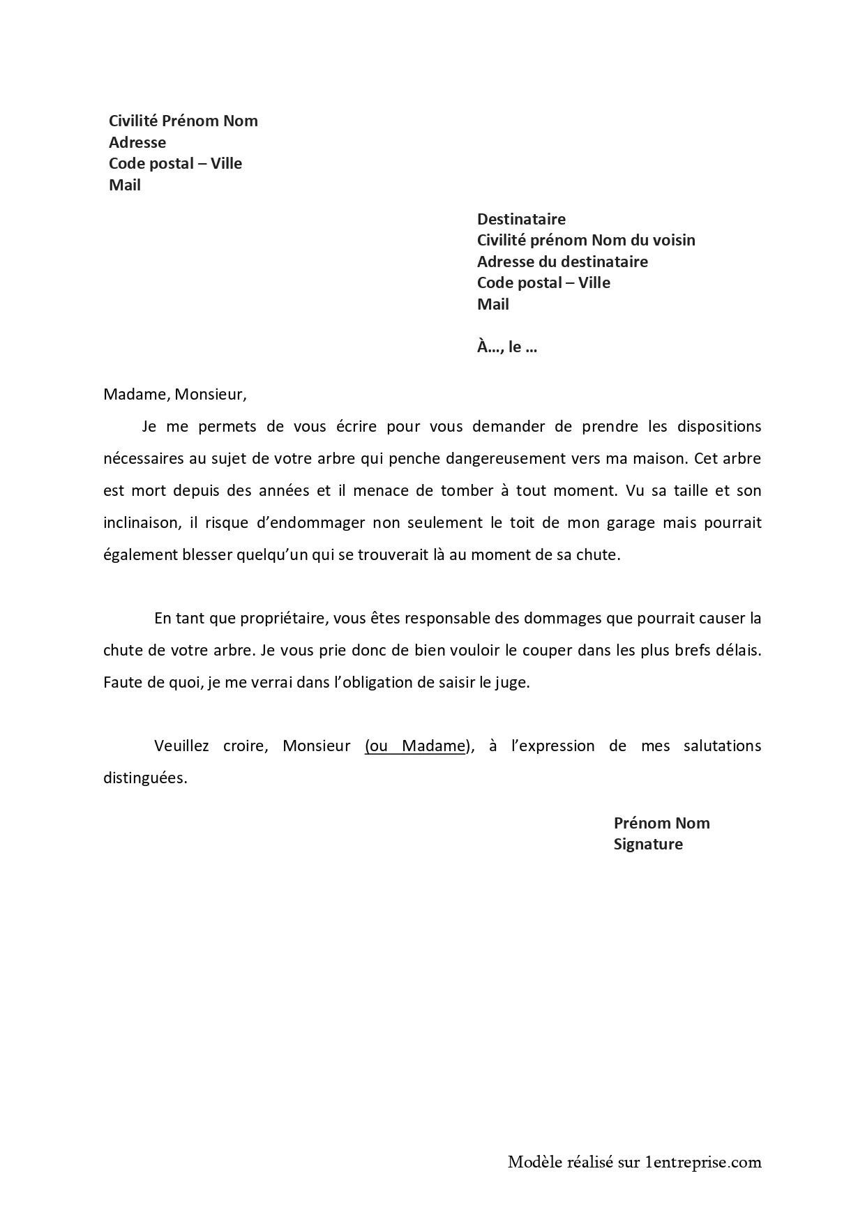 Lettre au voisin pour arbre dangereux menaçant de tomber