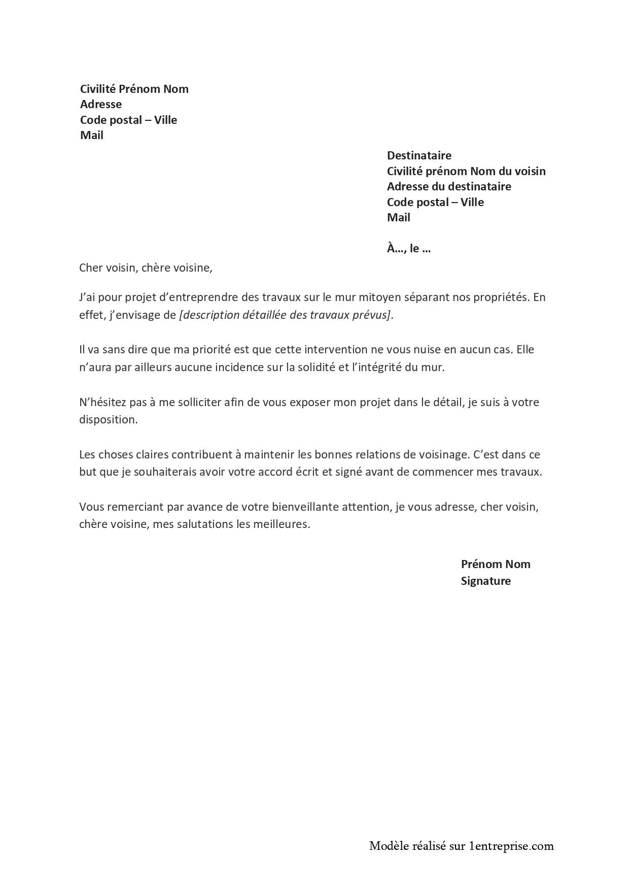 Lettre au voisin pour travaux sur un mur mitoyen