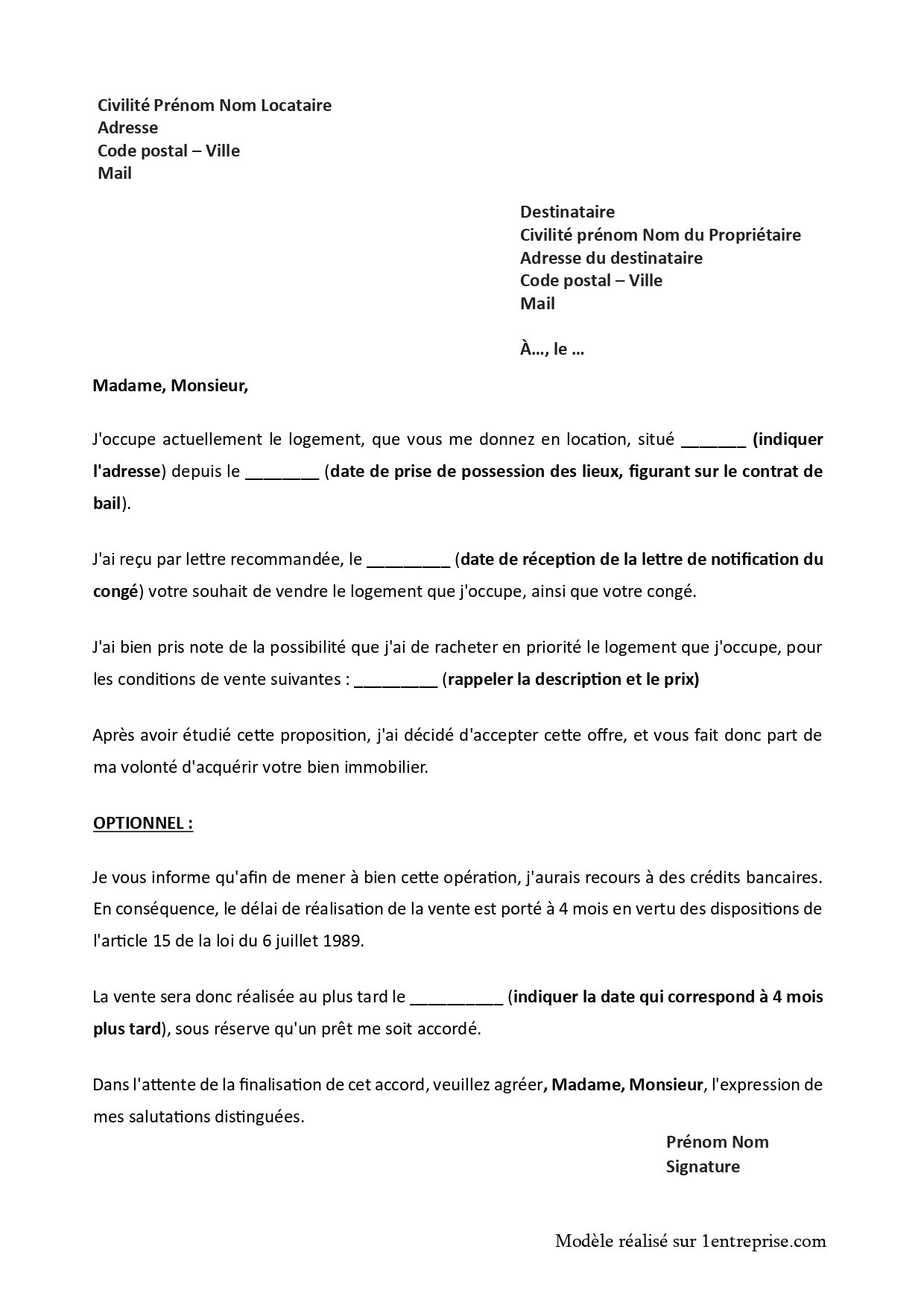 Lettre d’acceptation d’offre d’achat d’un logement loué