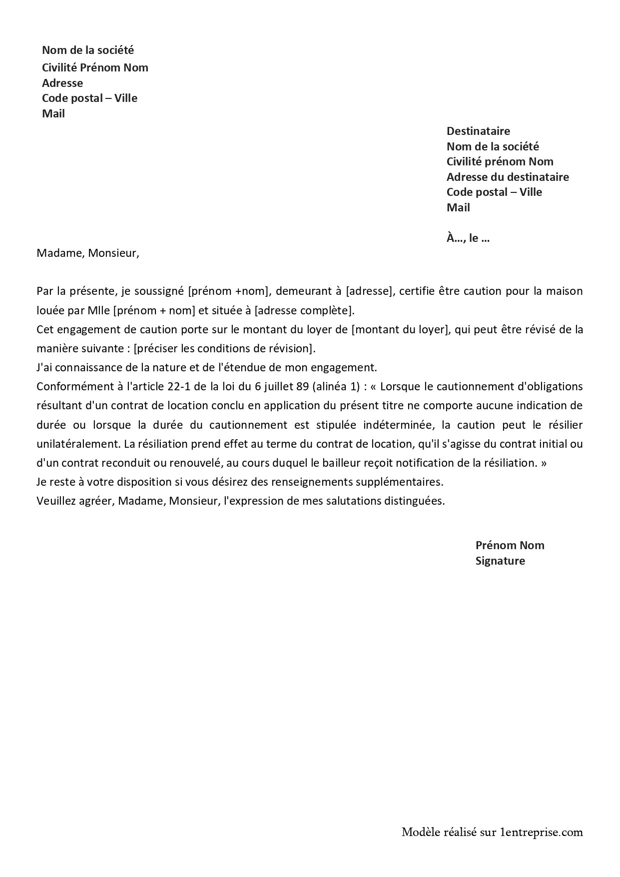 Lettre de confirmation d’engagement de caution