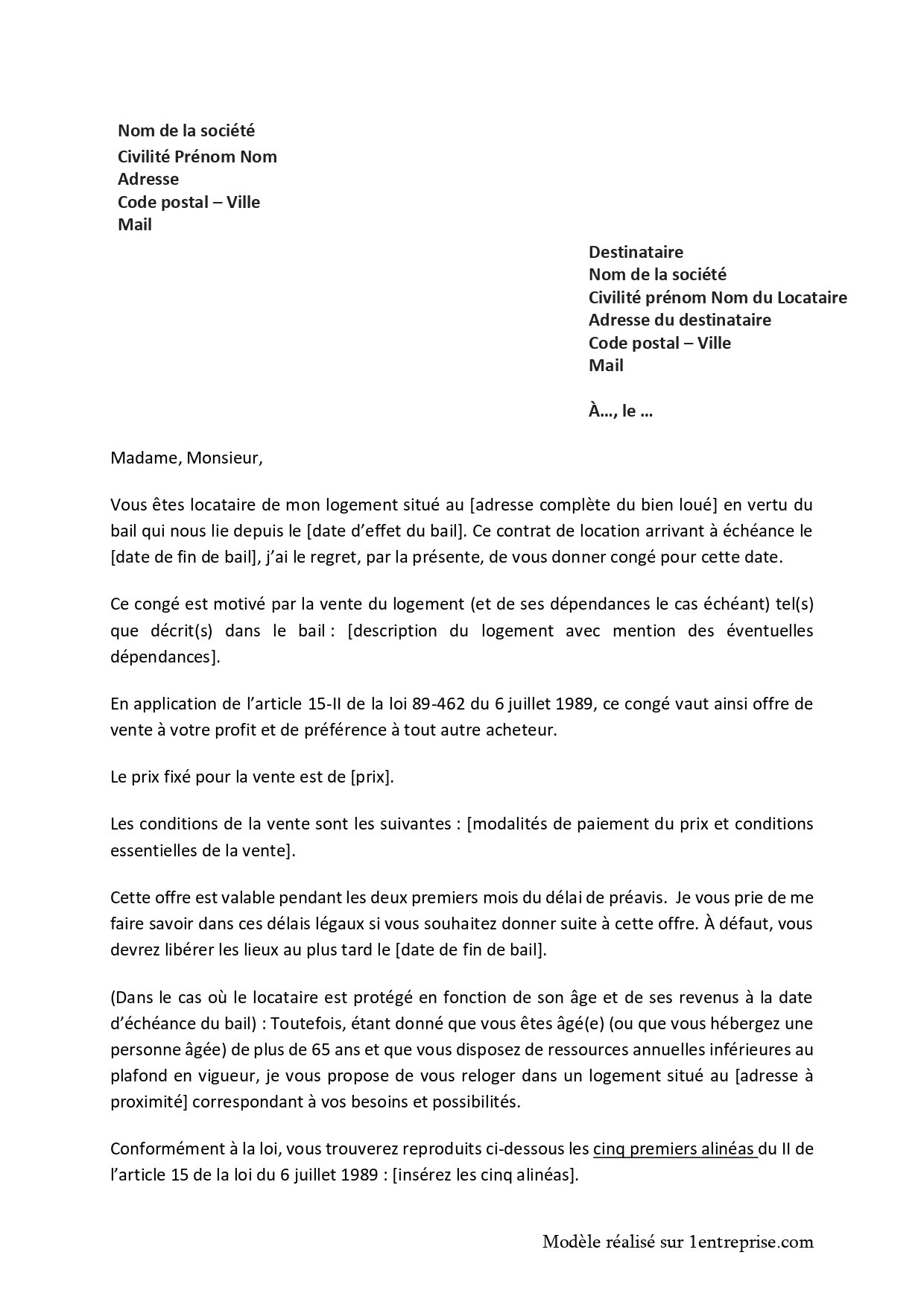 Lettre de congé pour vente au locataire