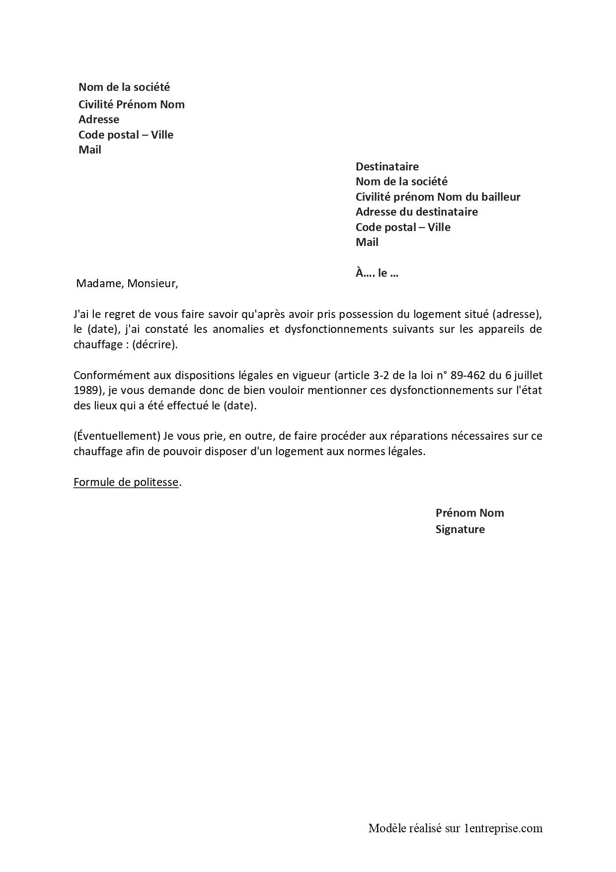 Lettre de contestation d’un état des lieux d’entrée