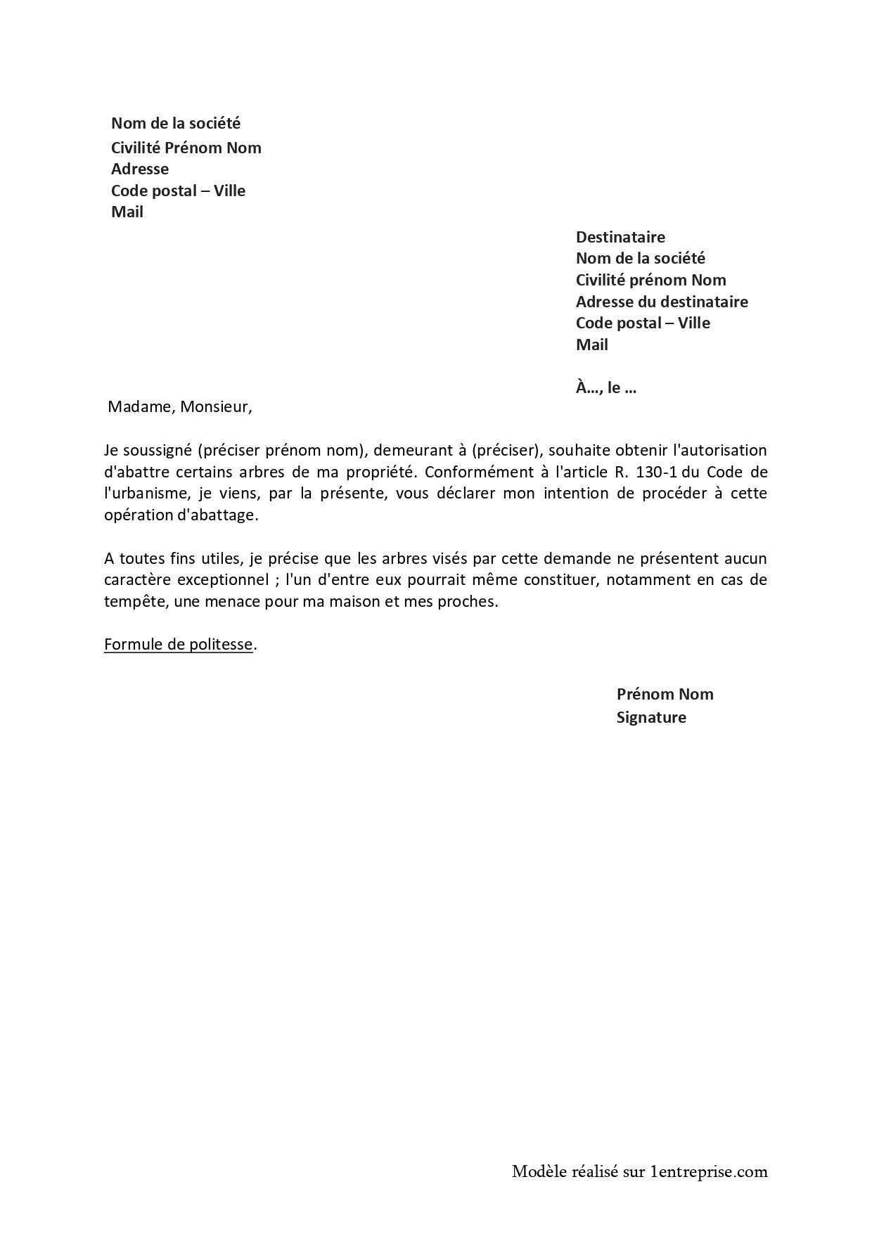 Lettre de demande d’abattage d’arbre à la mairie