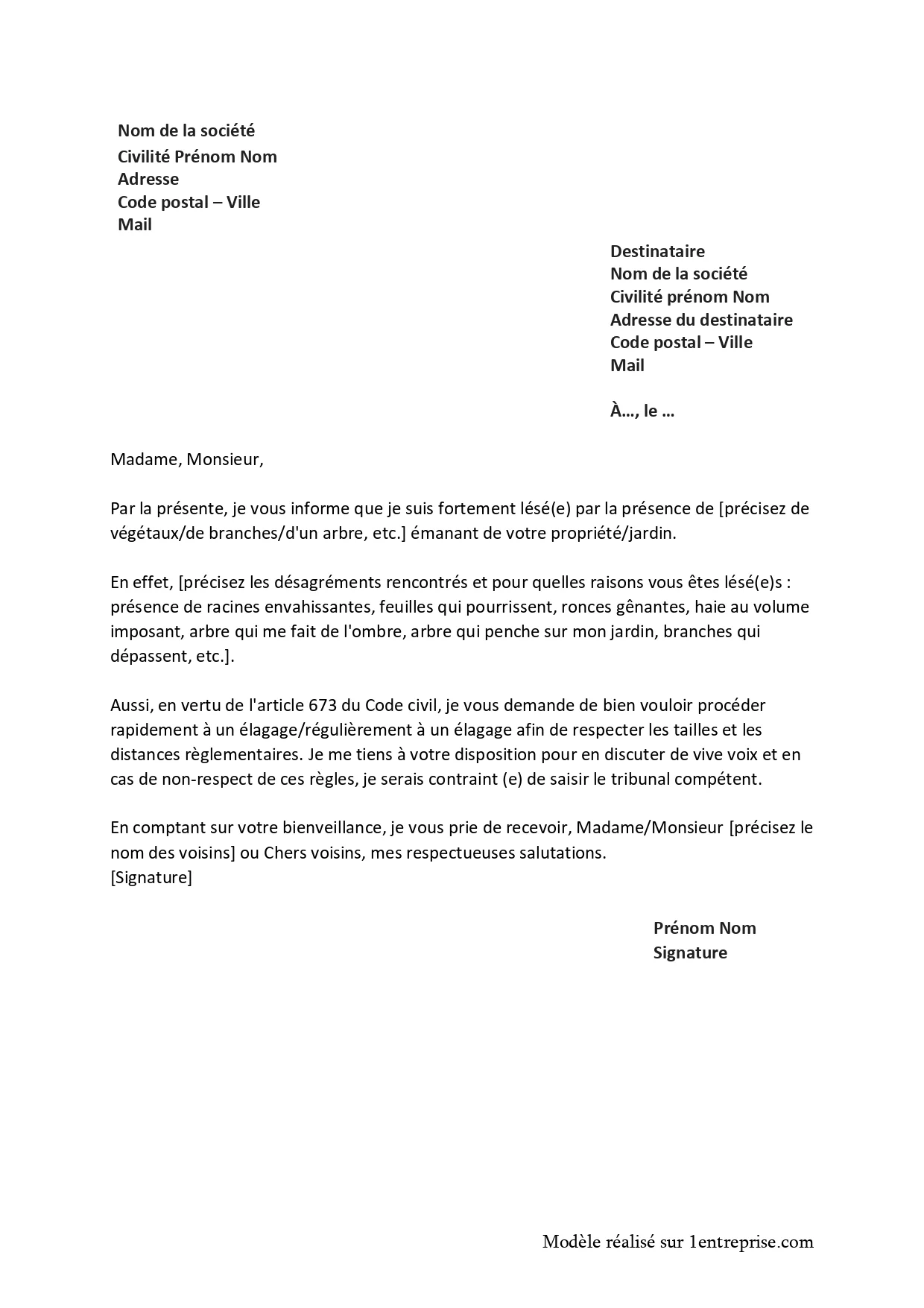 Lettre de demande d’élagage d’arbres