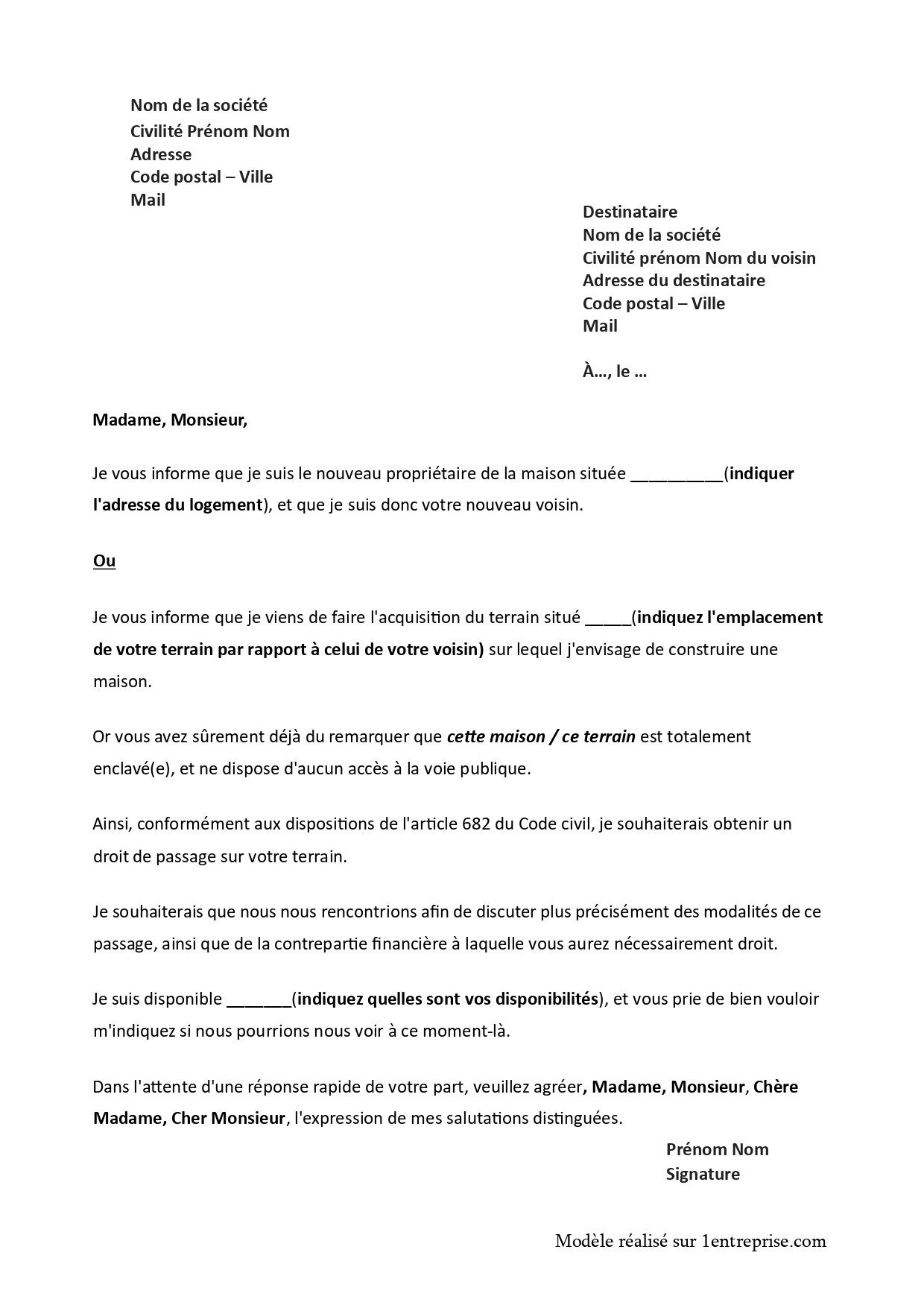 Lettre de demande d’une servitude de passage à un voisin