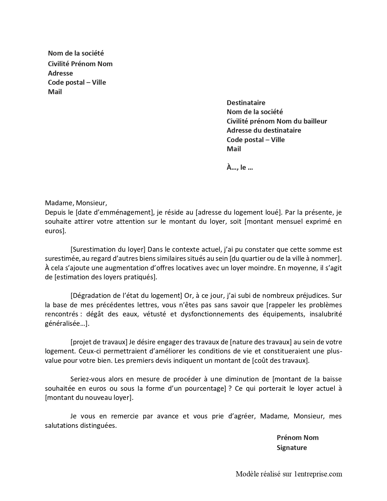 Lettre de demande de baisse de loyer Lettre de demande de baisse de loyer