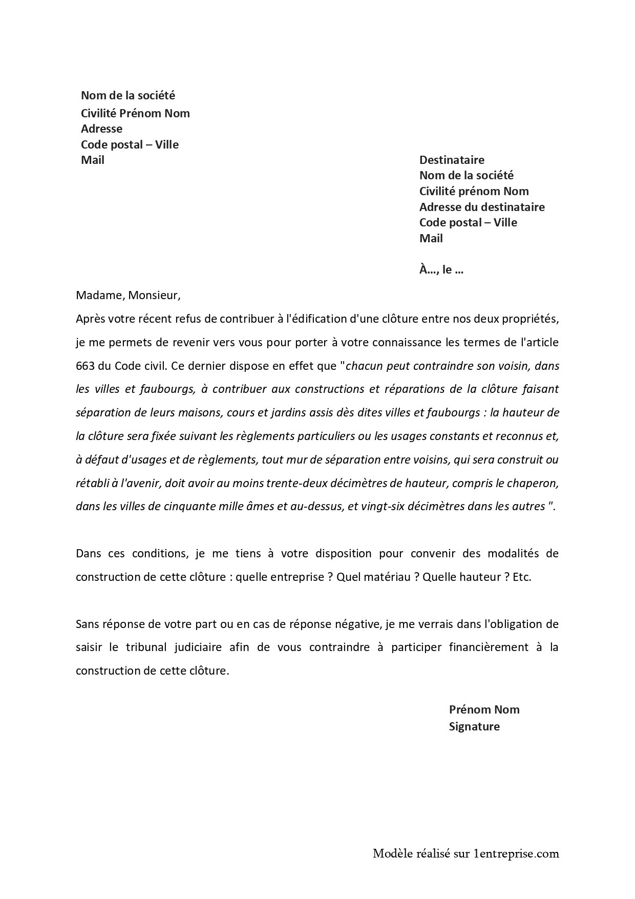 Lettre de demande de clôture mitoyenne