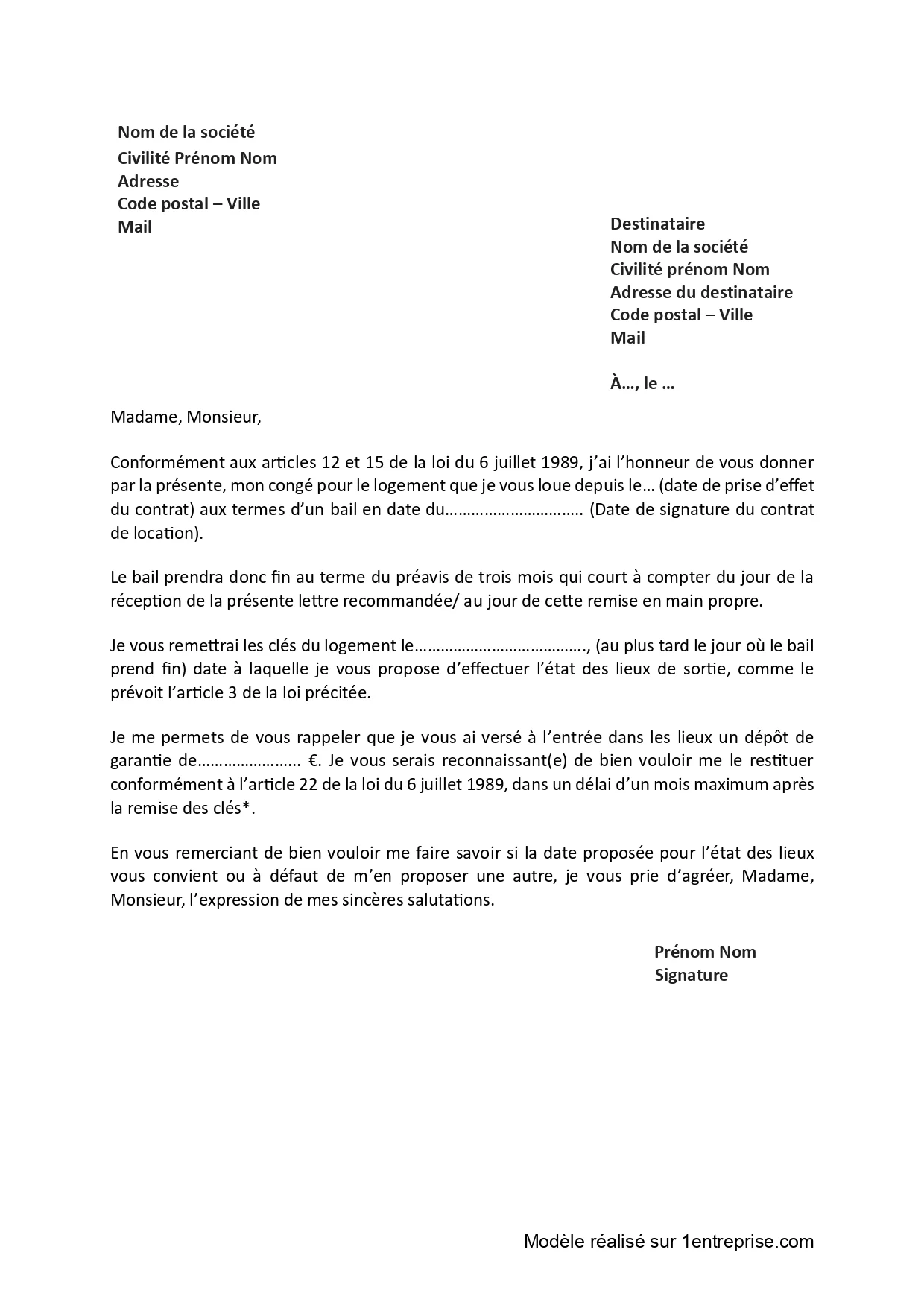Lettre de préavis de 3 mois pour un logement en location