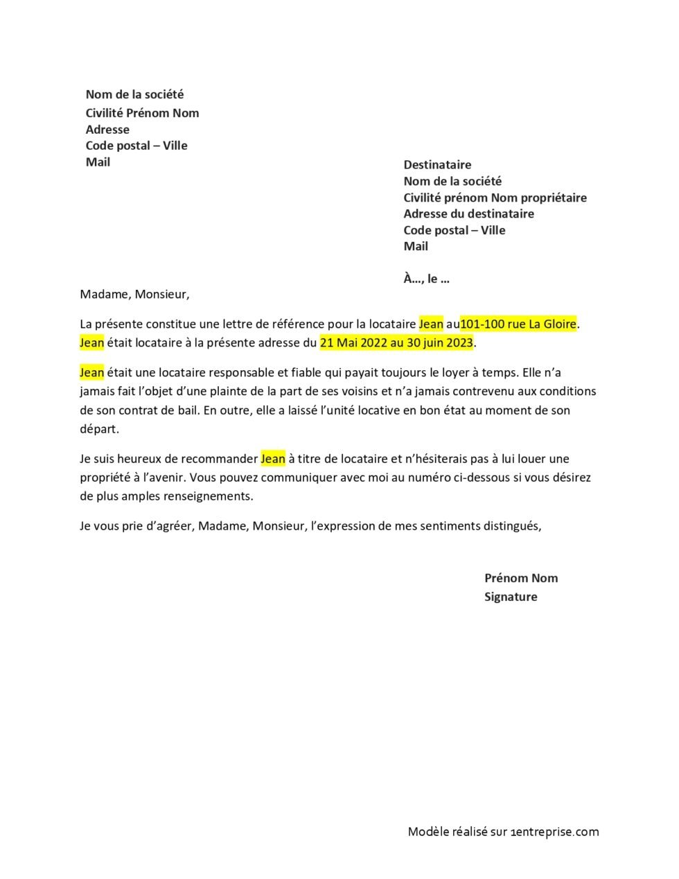 Lettre de référence pour locataire WORD/PDF Gratuit
