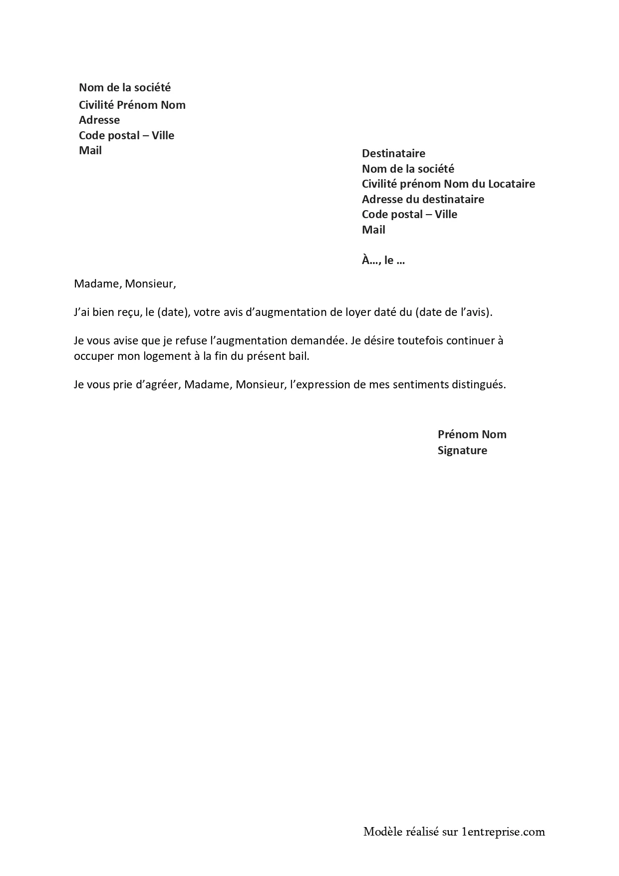 Lettre de refus d’une augmentation de loyer
