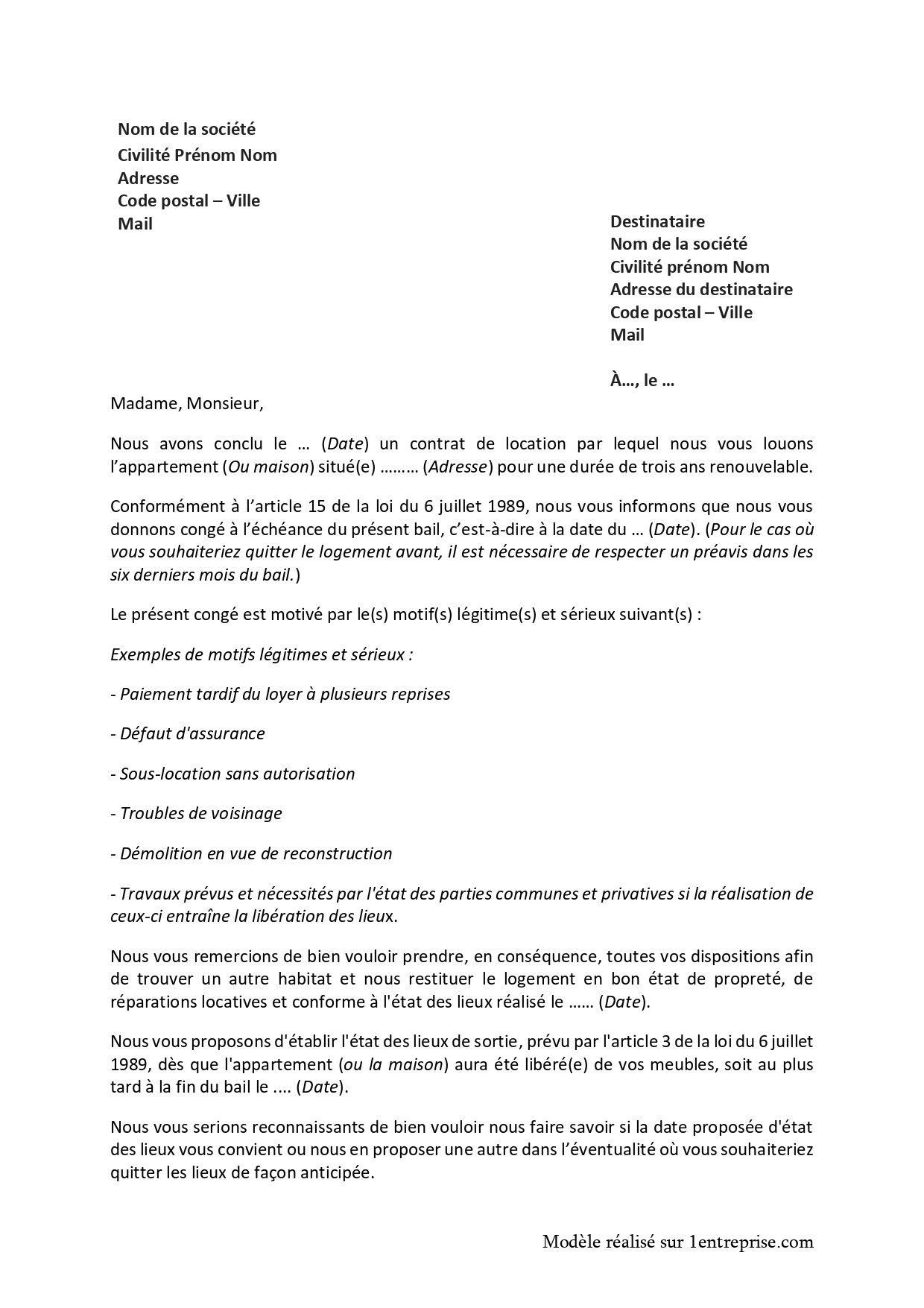 Lettre de résiliation du bailleur