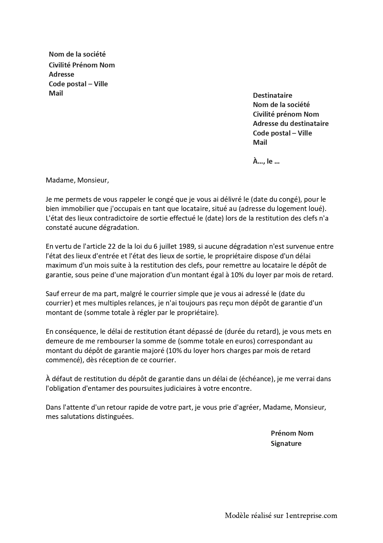 Lettre de restitution du dépôt de garantie