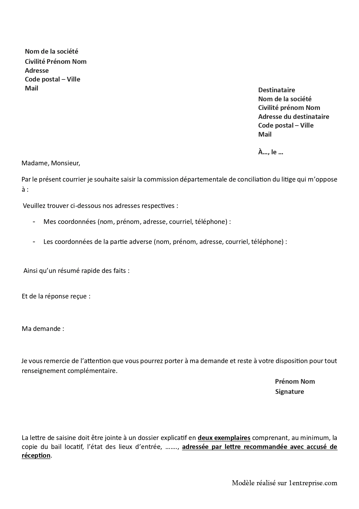 Lettre de saisine de la commission départementale de conciliation