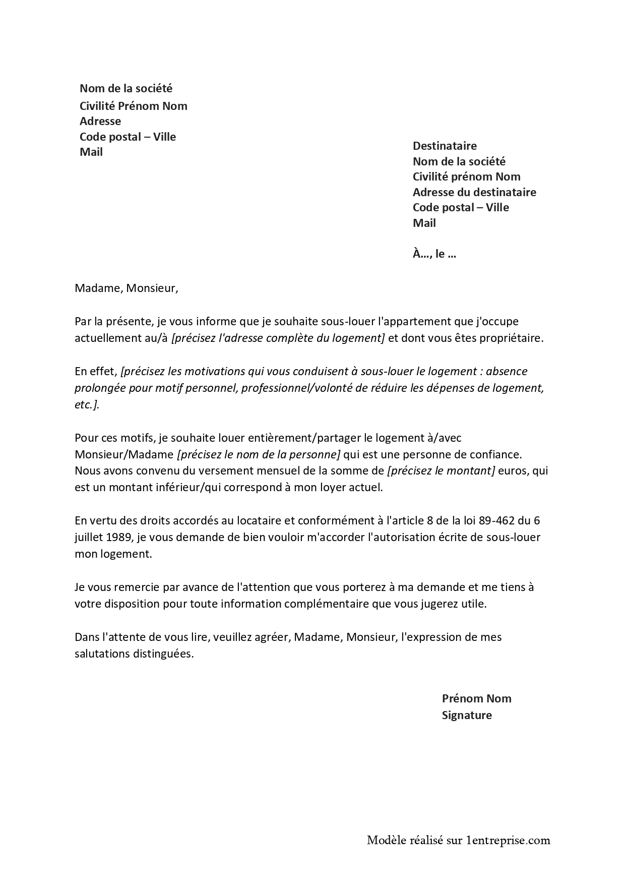 Lettre de sous-location
