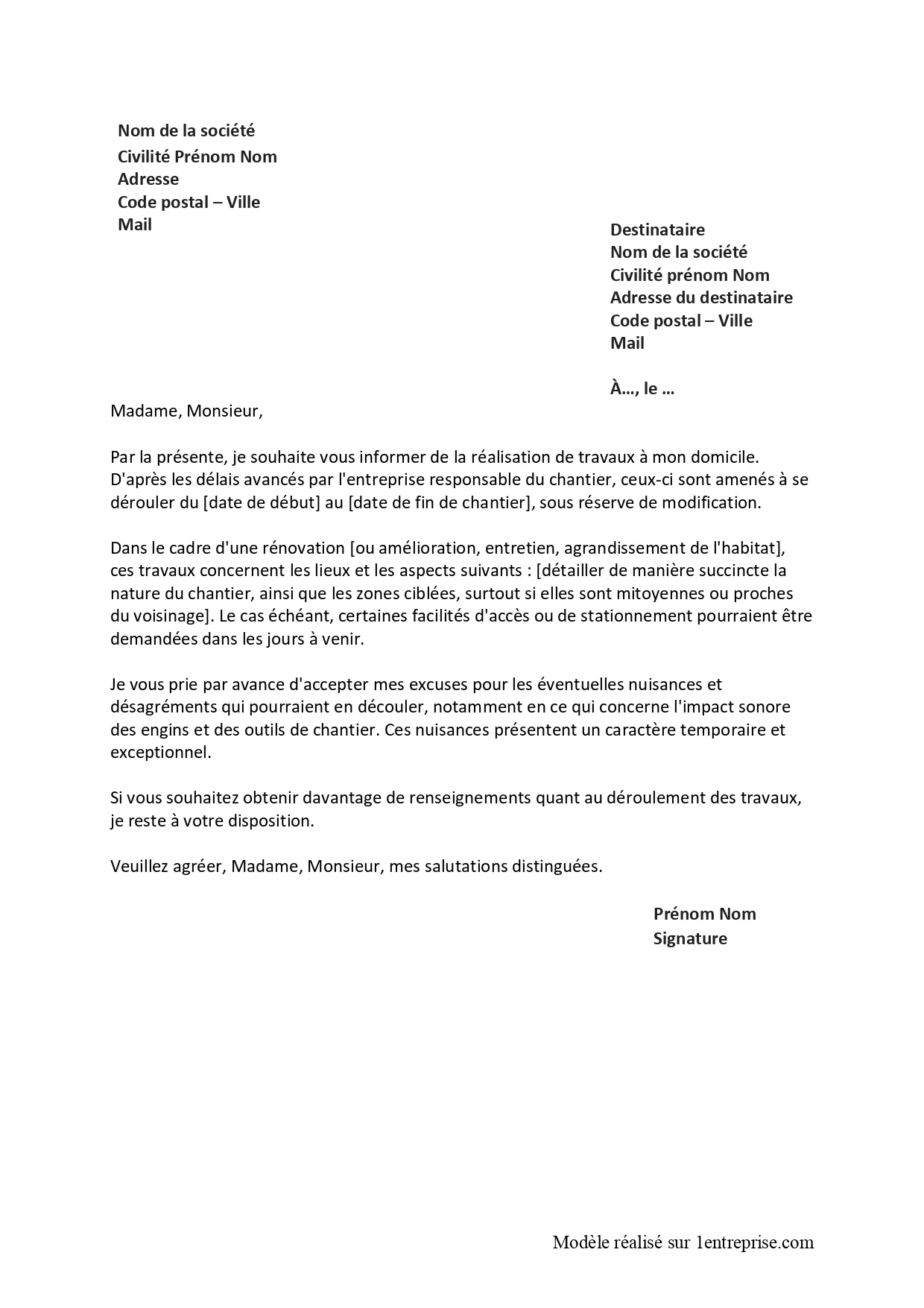 Lettre en cas de travaux pour prévenir ses voisins Lettre en cas de travaux pour prévenir ses voisins