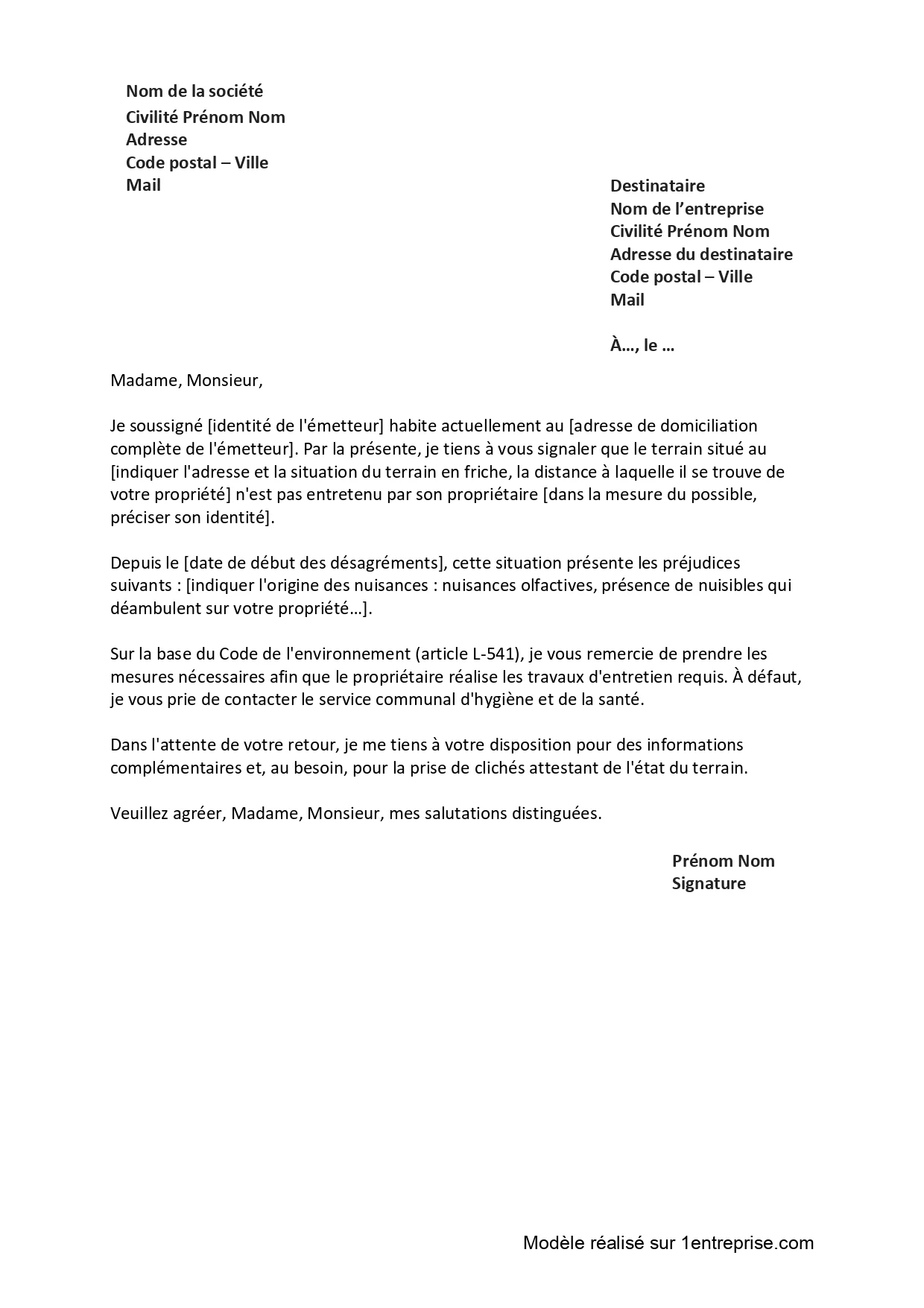 Lettre pour terrain non entretenu – Modèle type Lettre pour terrain non entretenu – Modèle type