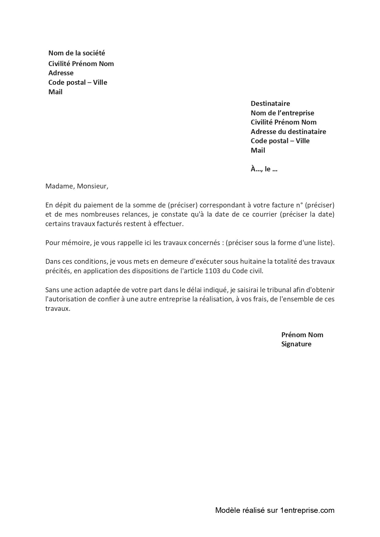 Lettre pour travaux non-effectués