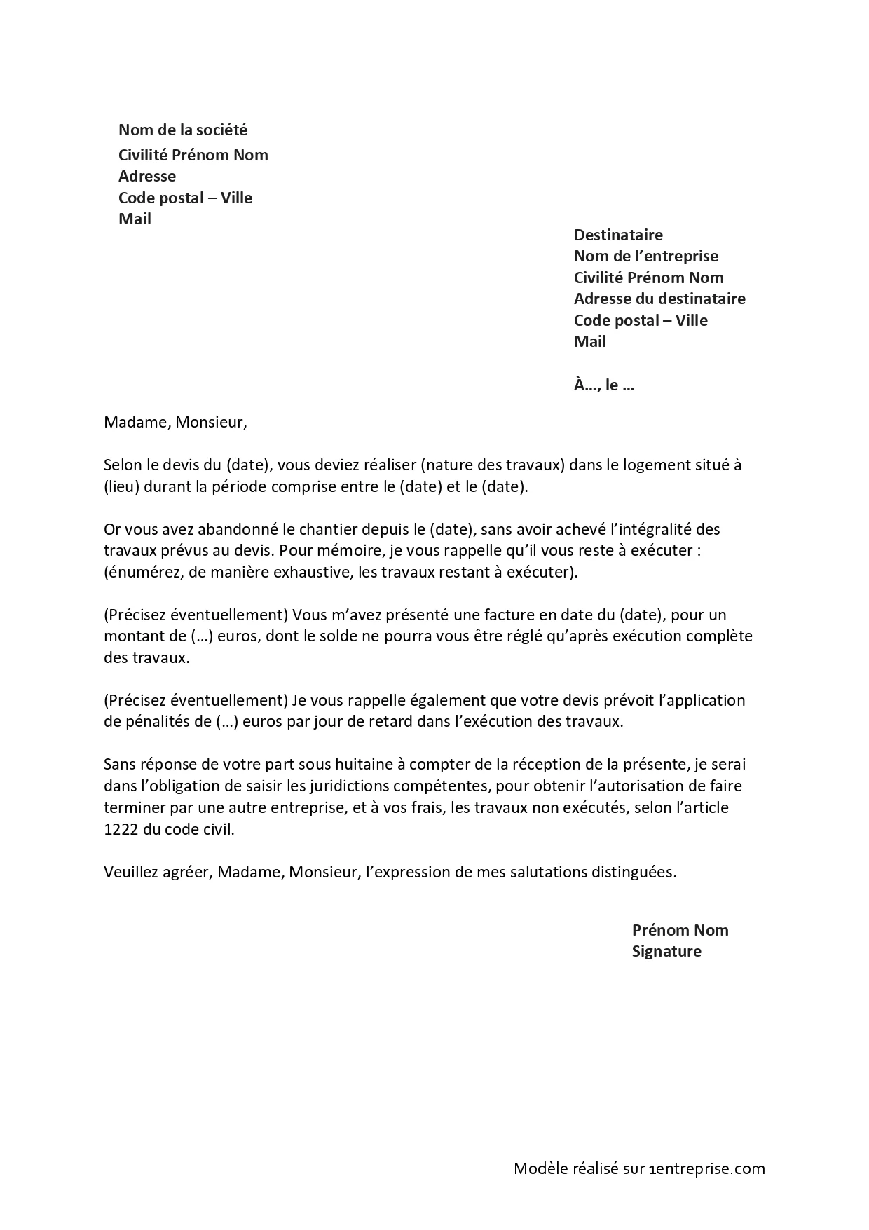 Mise en demeure de fin d’exécution des travaux d’un artisan