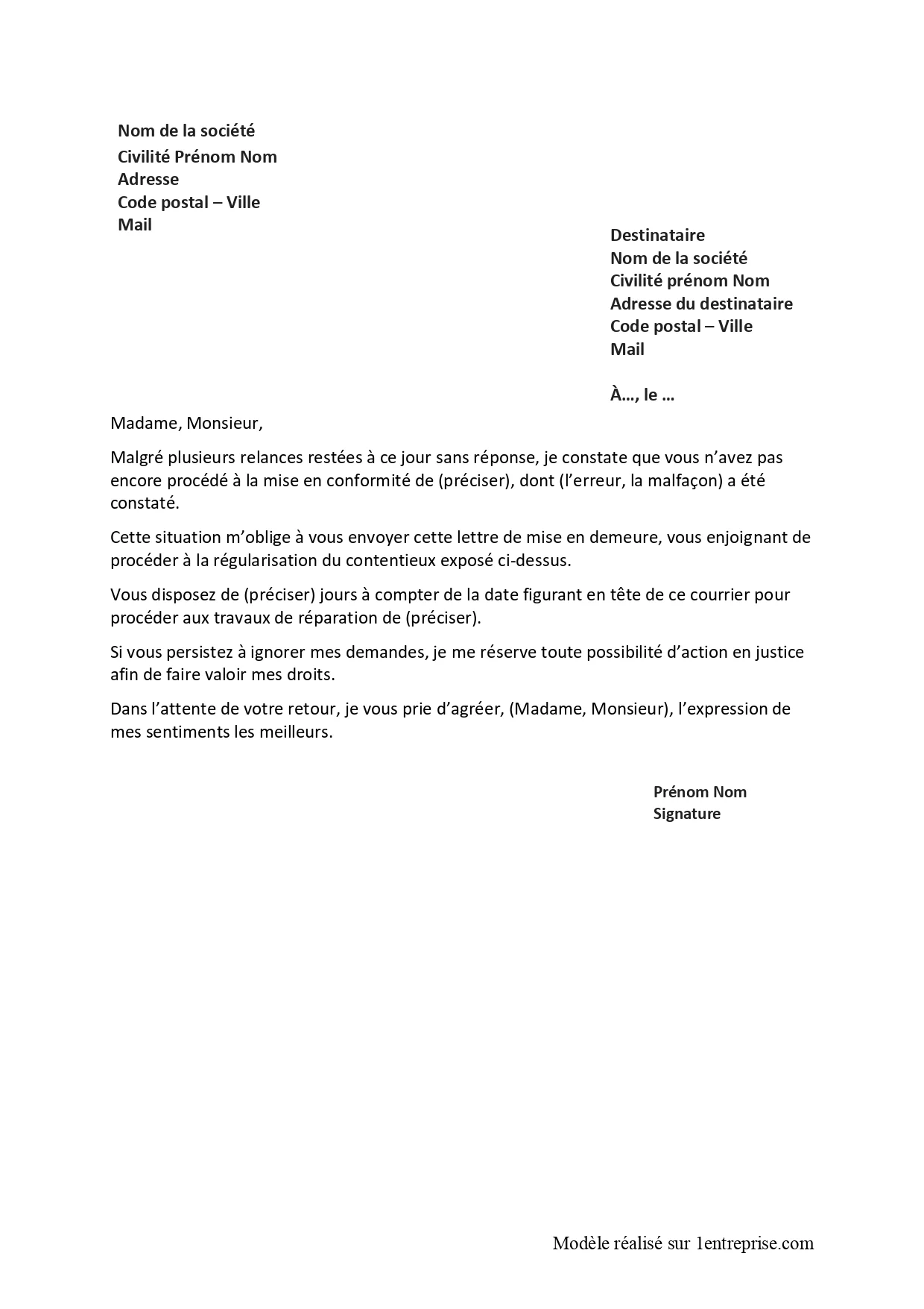 Mise en demeure de réparer des malfaçons suite à des travaux