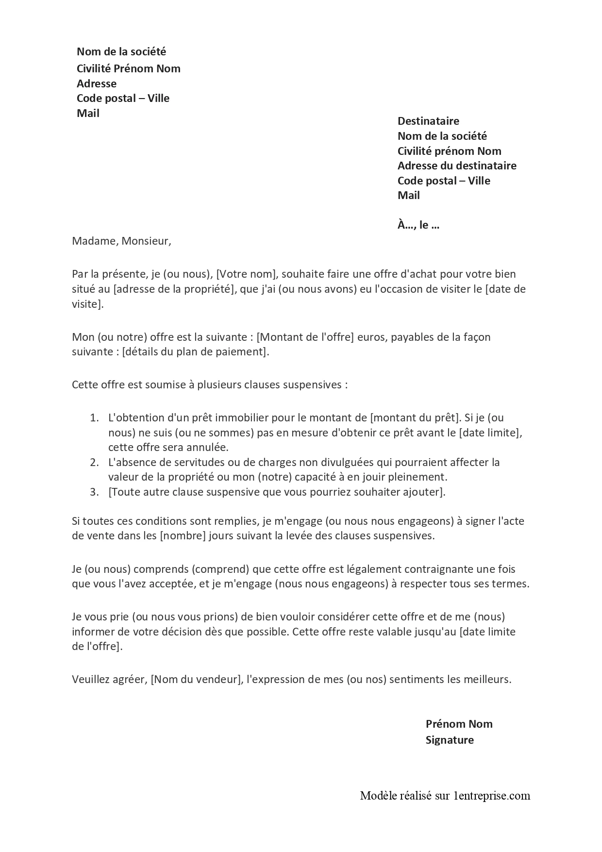 Modèle d’offre d’achat immobilier avec clause suspensive