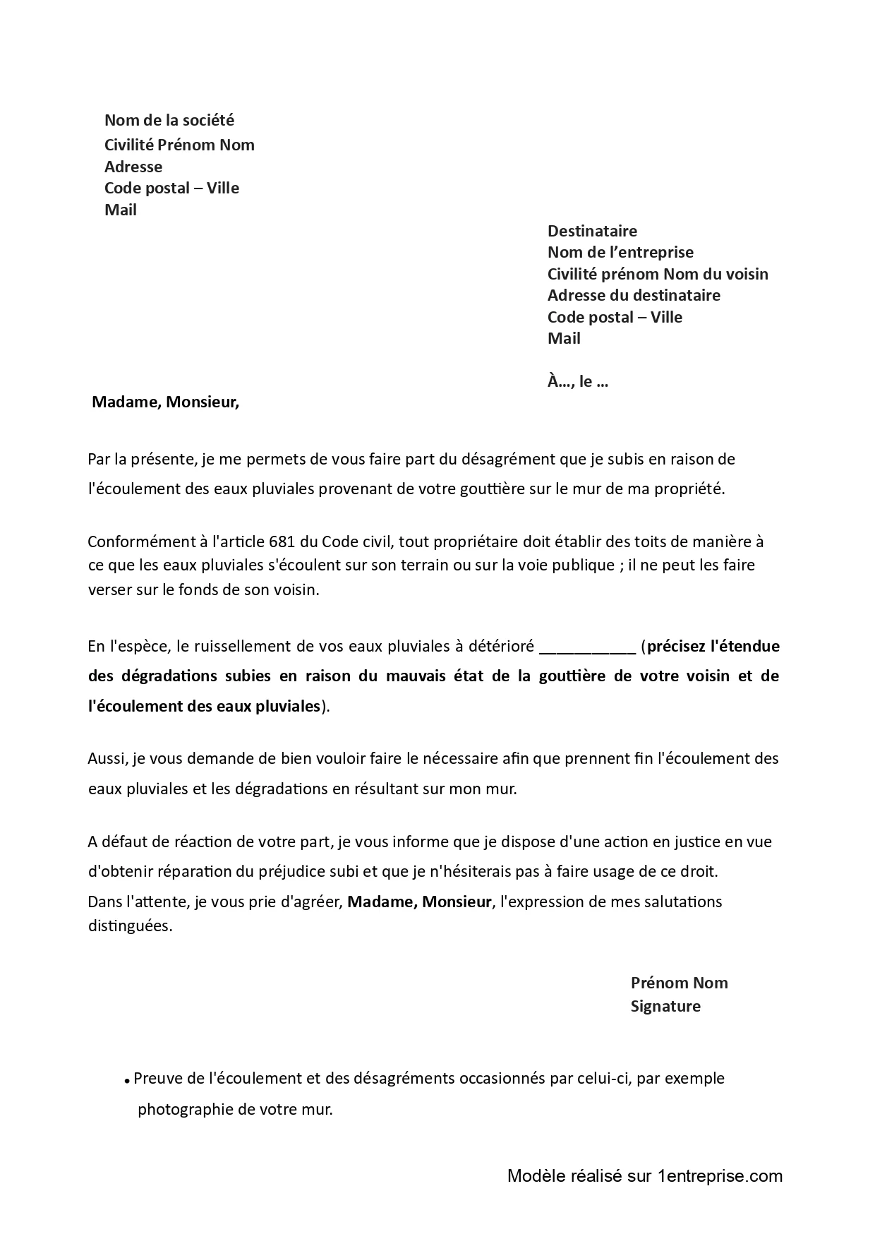 Modèle de lettre : Voisinage – eaux de pluie Modèle de lettre : Voisinage – eaux de pluie