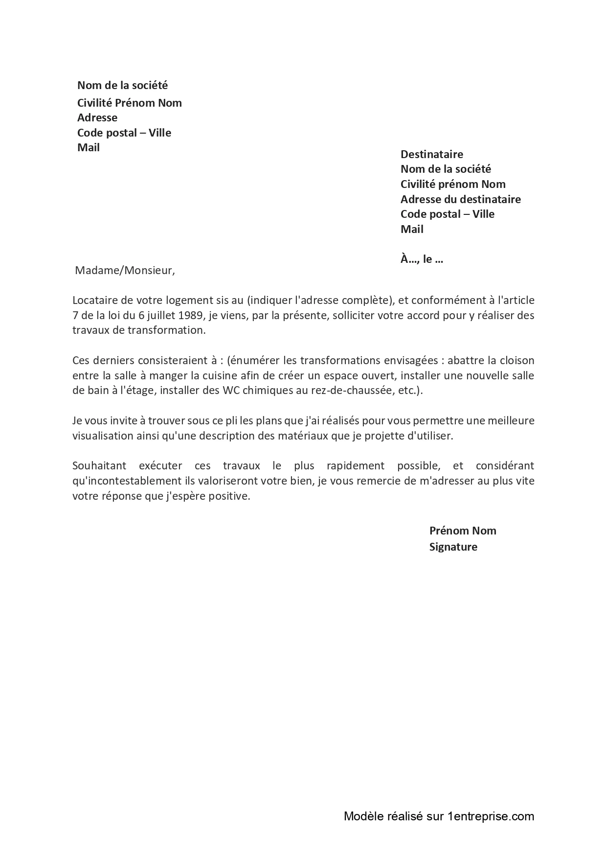 Modèle de lettre : autorisation pour travaux d’amélioration
