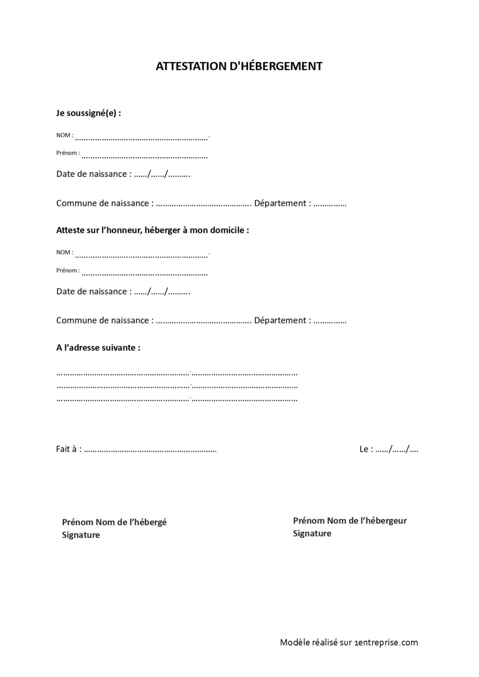 Mod le De Lettre D attestation D h bergement Sur L honneur
