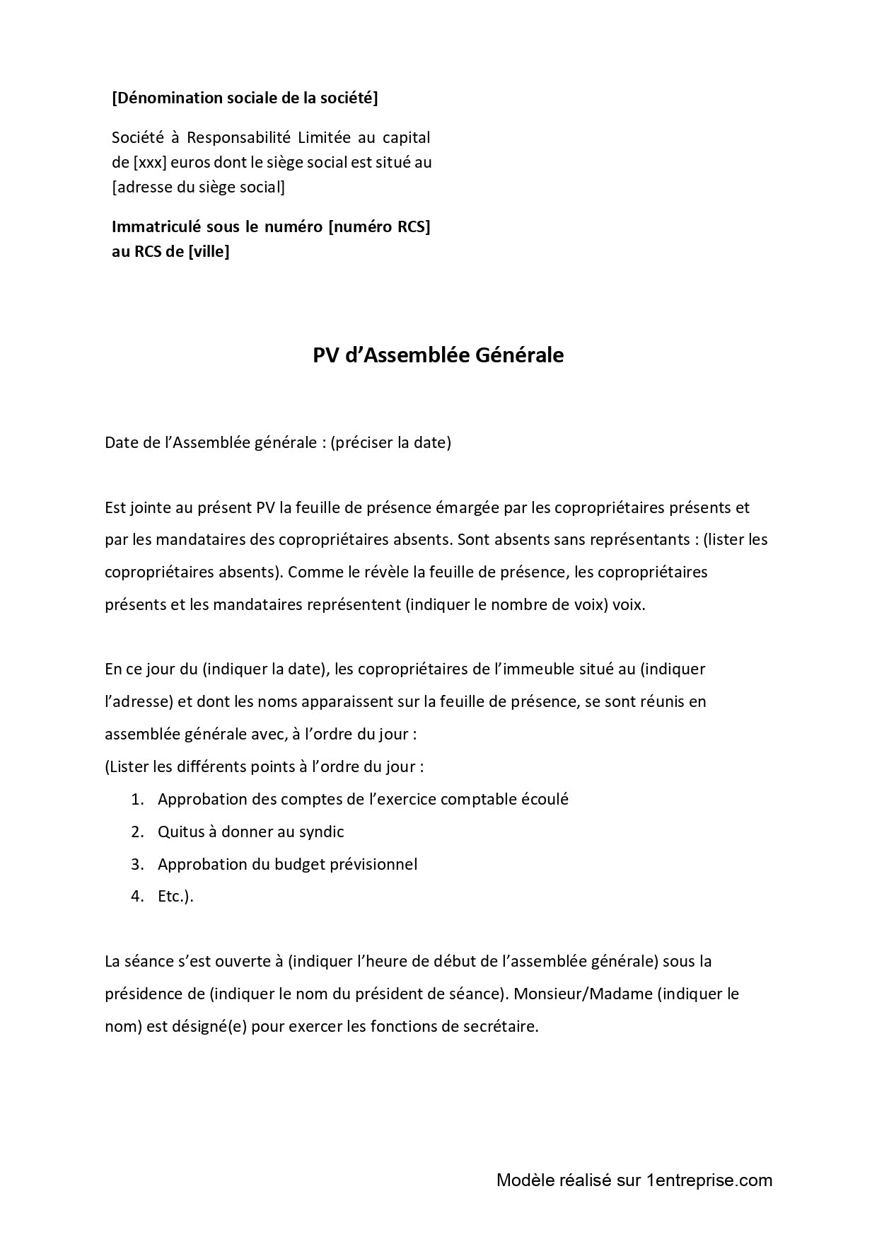 Modèle de procès-verbal d’assemblée générale de copropriétaires