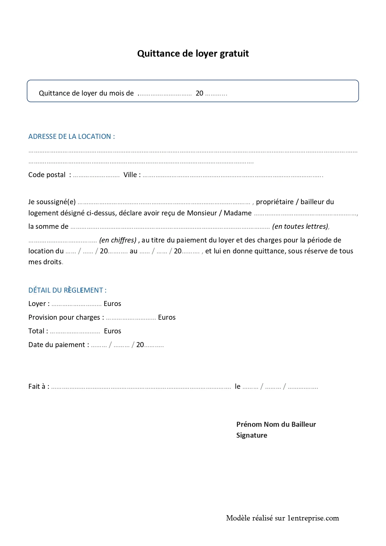Modèle de quittance de loyer gratuit