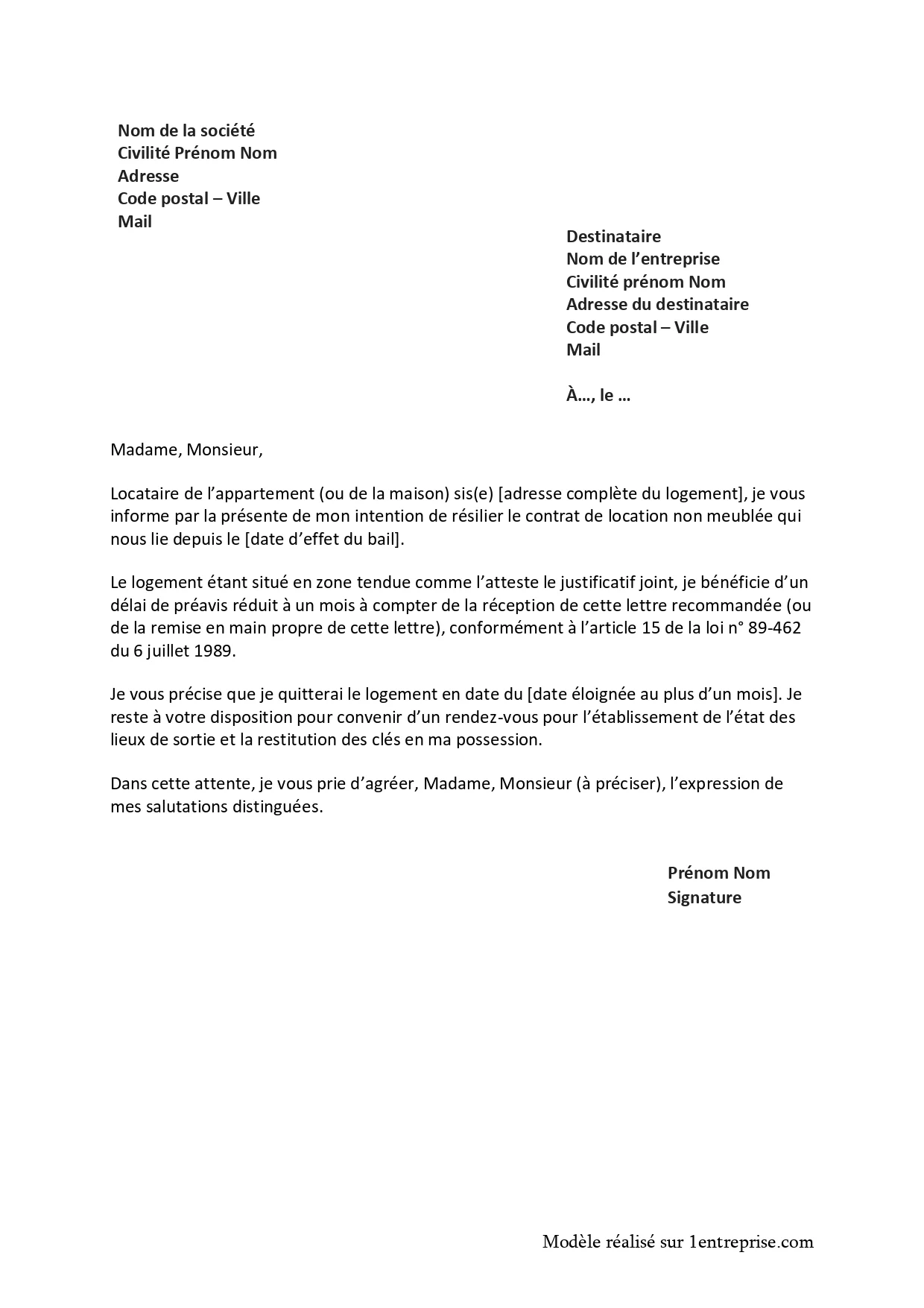Résiliation de bail avec préavis réduit (logement situé en zone tendue) Résiliation de bail avec préavis réduit (logement situé en zone tendue)