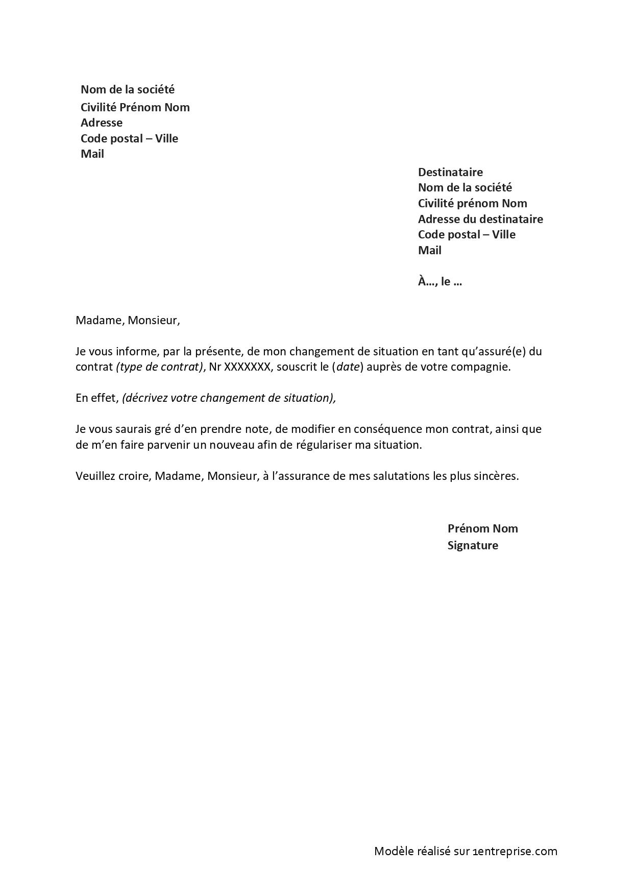 Lettre pour changement d’assurance suite à un déménagement