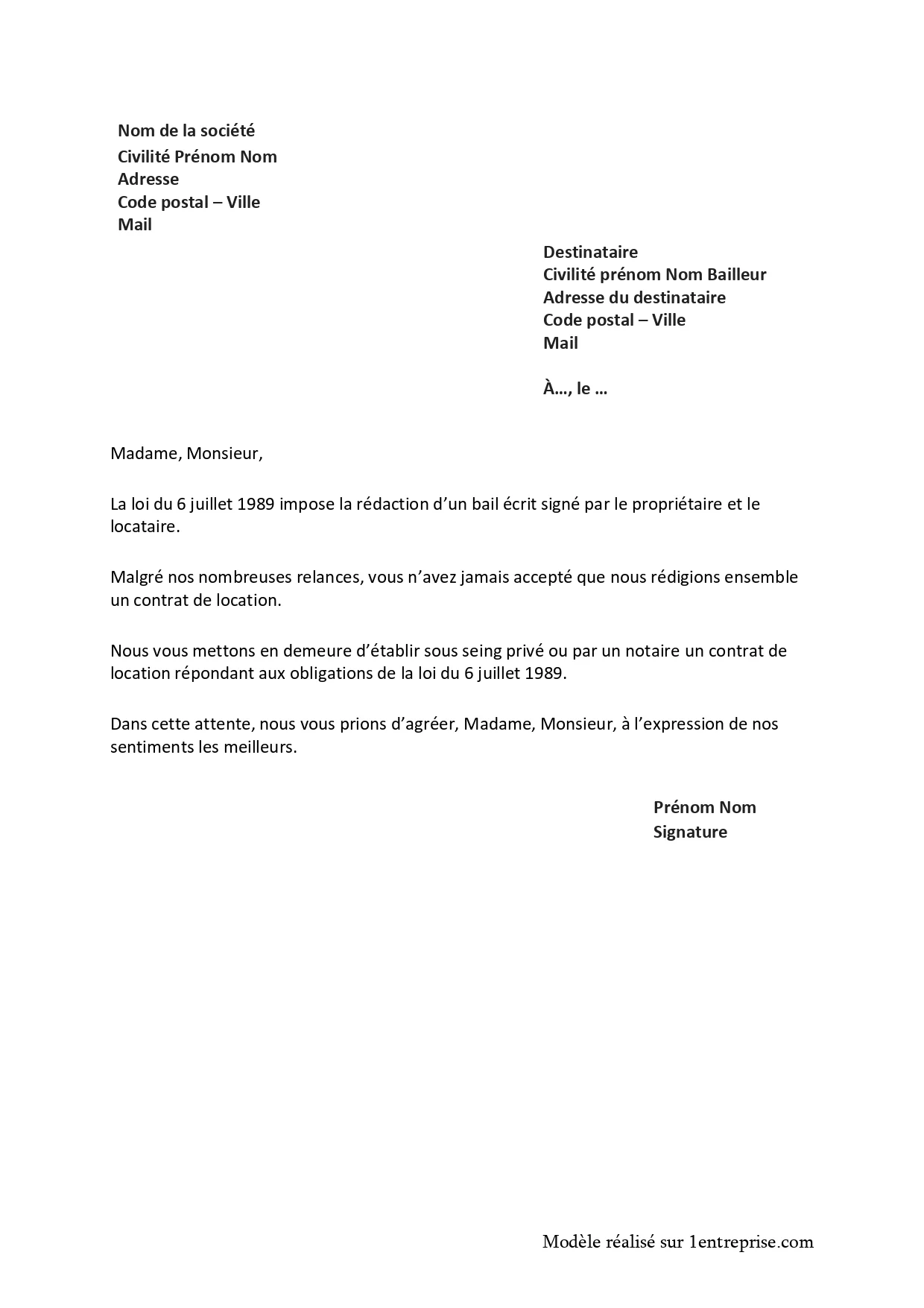 Lettre pour établir un bail écrit avec le propriétaire