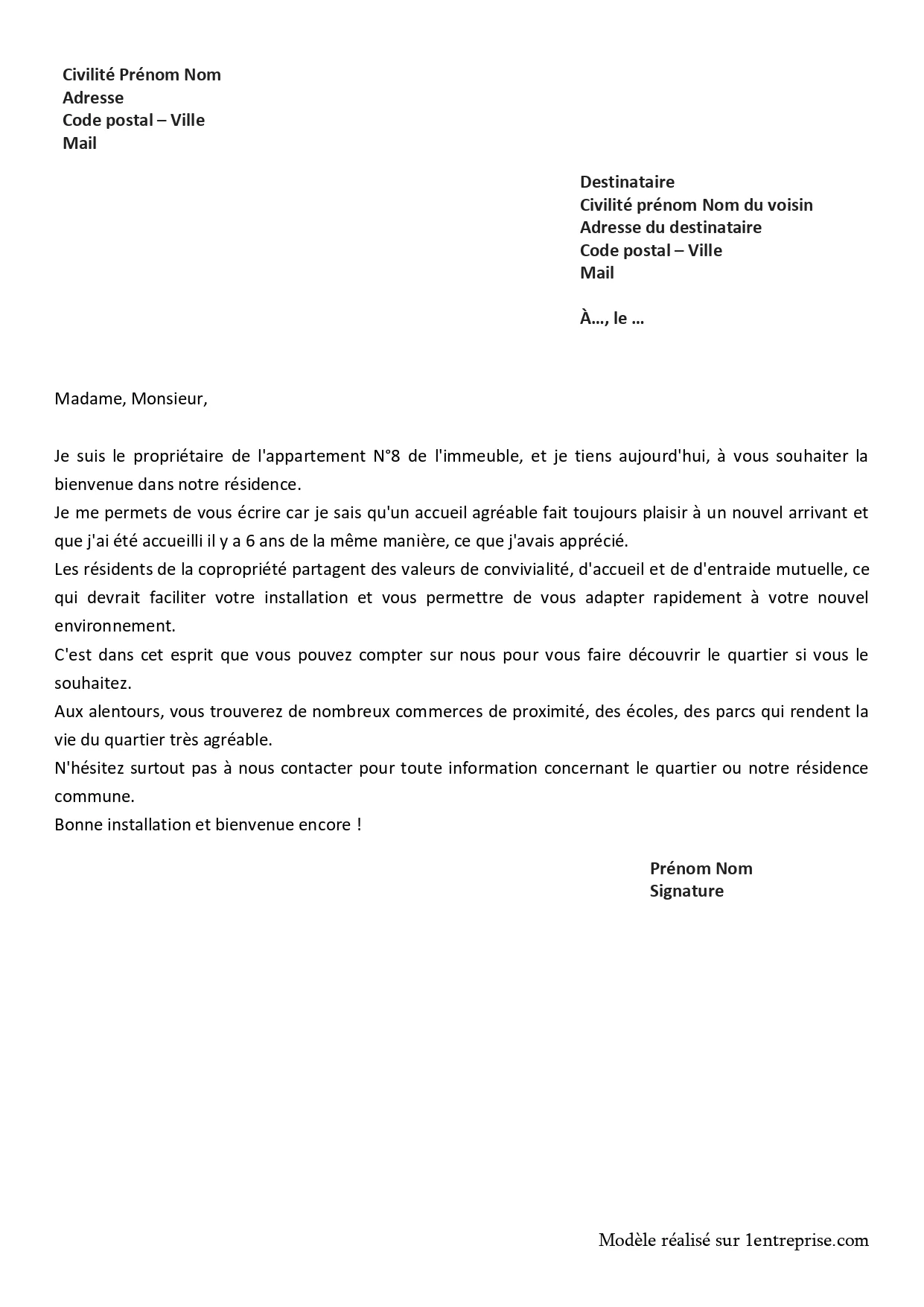 Lettre pour l’accueil d’un nouveau voisin qui vient de s’installer