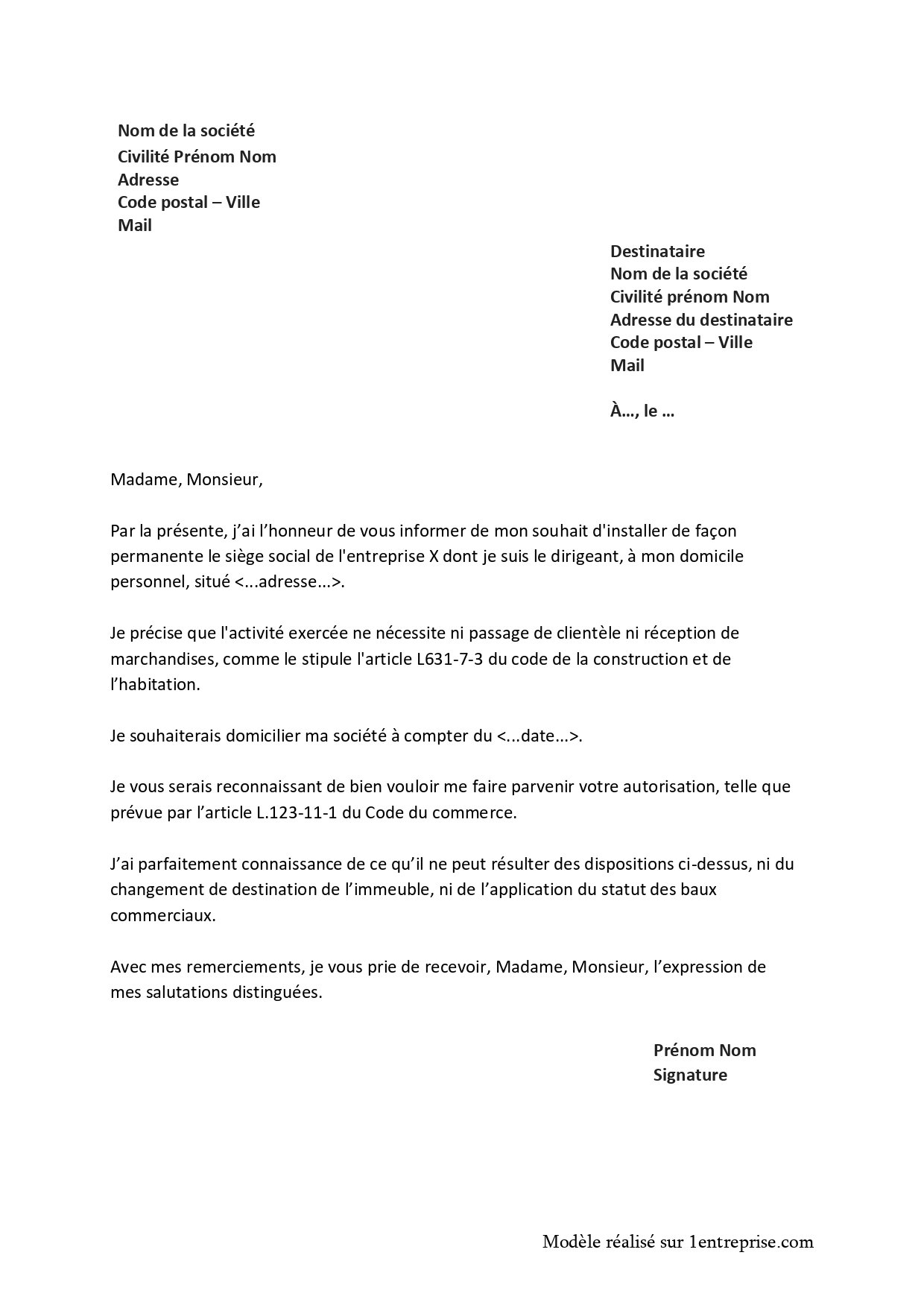 Lettre de demande de domiciliation dans un local d’habitation