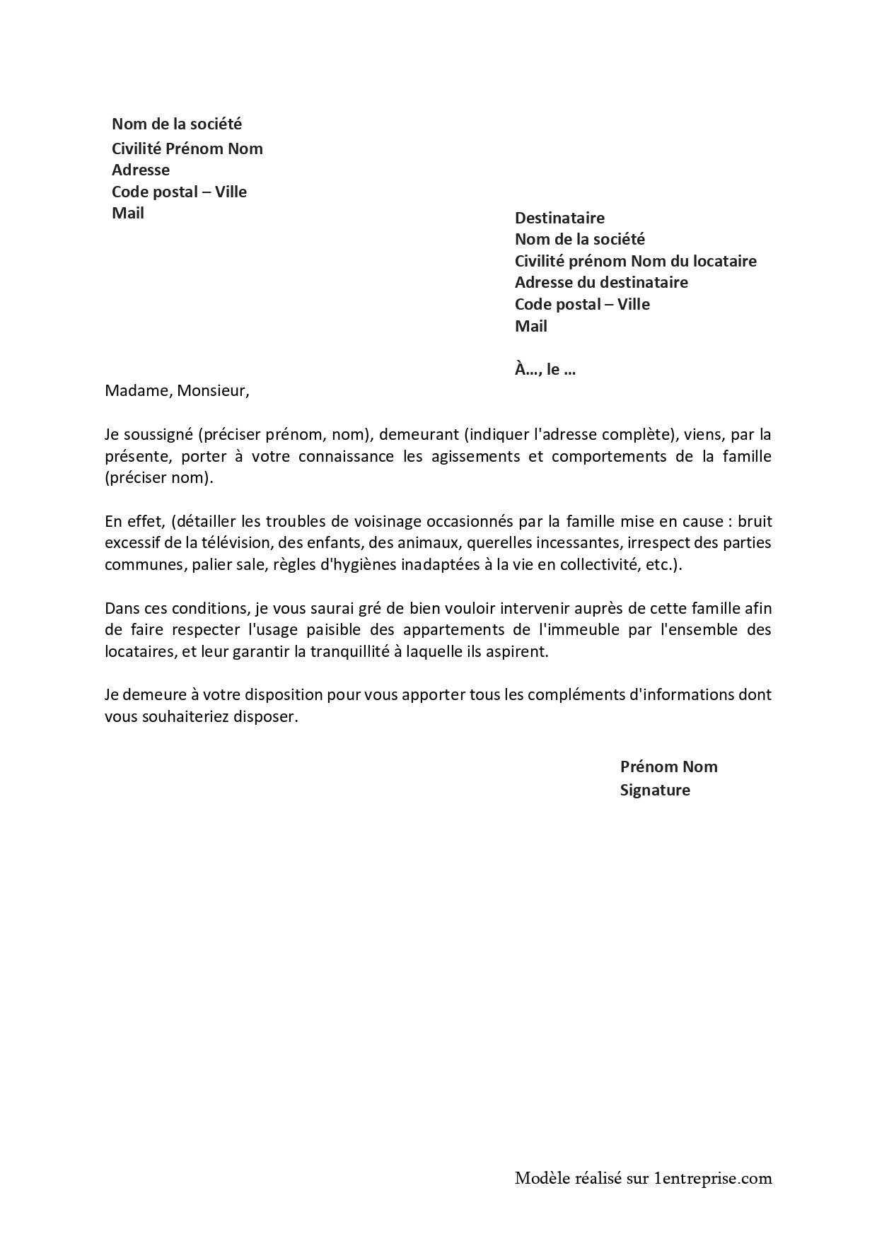 Lettre pour locataire bruyant ou malpropre