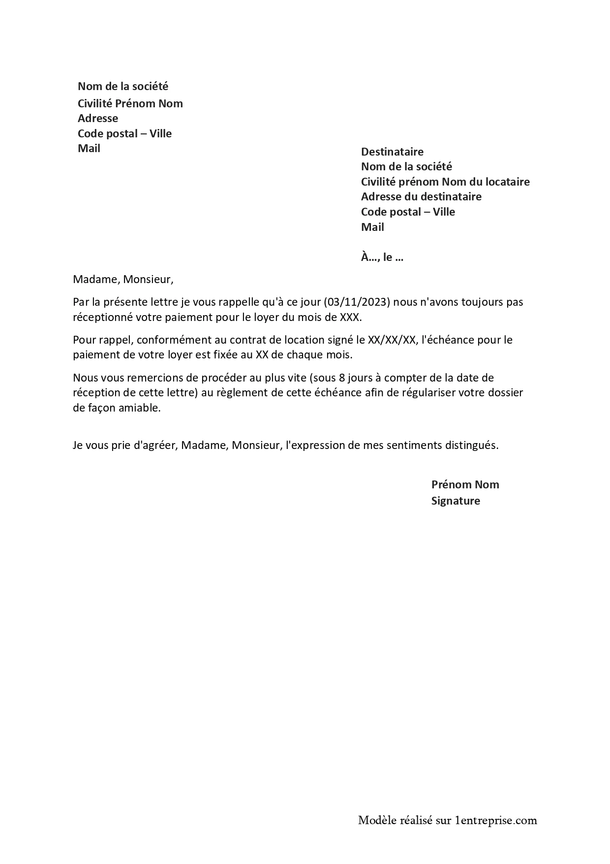Lettre pour loyer impayé